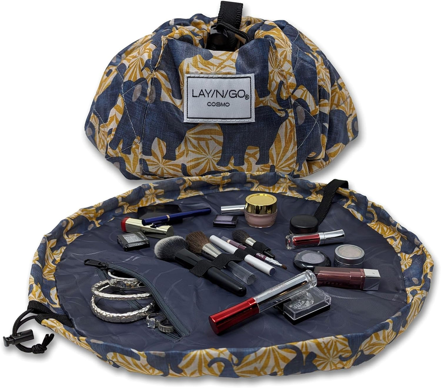 Lay-n-Go Cosmo Layflat Drawstring Cosmetic & Makeup Bag Organizer - Portable Drawstring Bag w/Zipper Pocket, Makeup Loops & More - Durable, Machine Washable Costmeic Bag for Travel (20", Elephants)