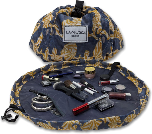 Lay-n-Go Cosmo Layflat Drawstring Cosmetic & Makeup Bag Organizer - Portable Drawstring Bag w/Zipper Pocket, Makeup Loops & More - Durable, Machine Washable Costmeic Bag for Travel (20", Elephants)