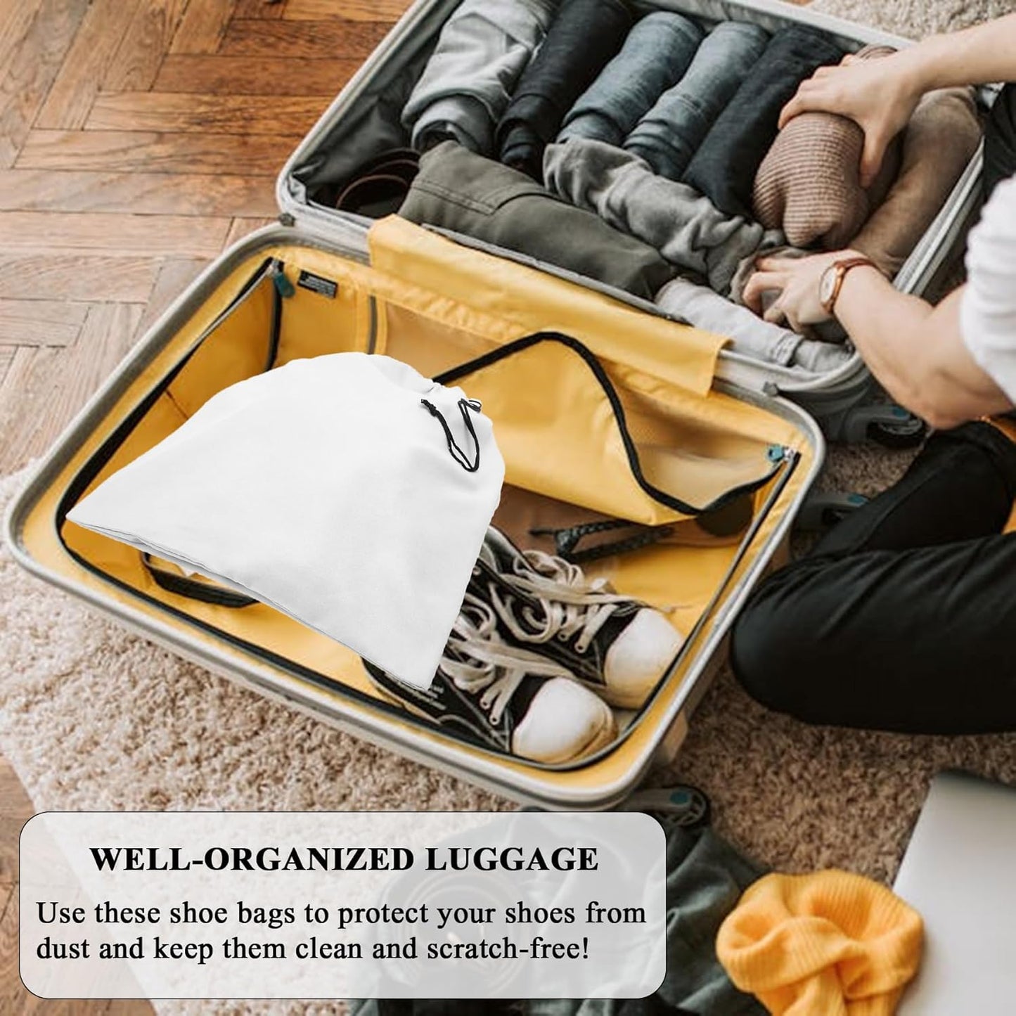 LAKE OF FIRE 4-Piece Travel Shoe Bags for Packing, 17.7" x 13.8" Dustproof Shoe Bags - Flannel Shoe Pouch with Drawstring Closure,Washable & Reusable(White)