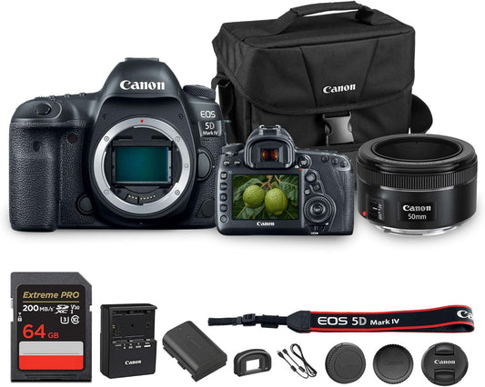 Canon EOS 5D Mark IV DSLR Camera 30.4MP Full Frame with 4K Video, Dual Pixel AF, Wi-Fi, GPS | Pro Photography Camera for Portraits, Landscapes, and Video + Canon 50mm f/1.8 Lens + Bag + 64GB Card