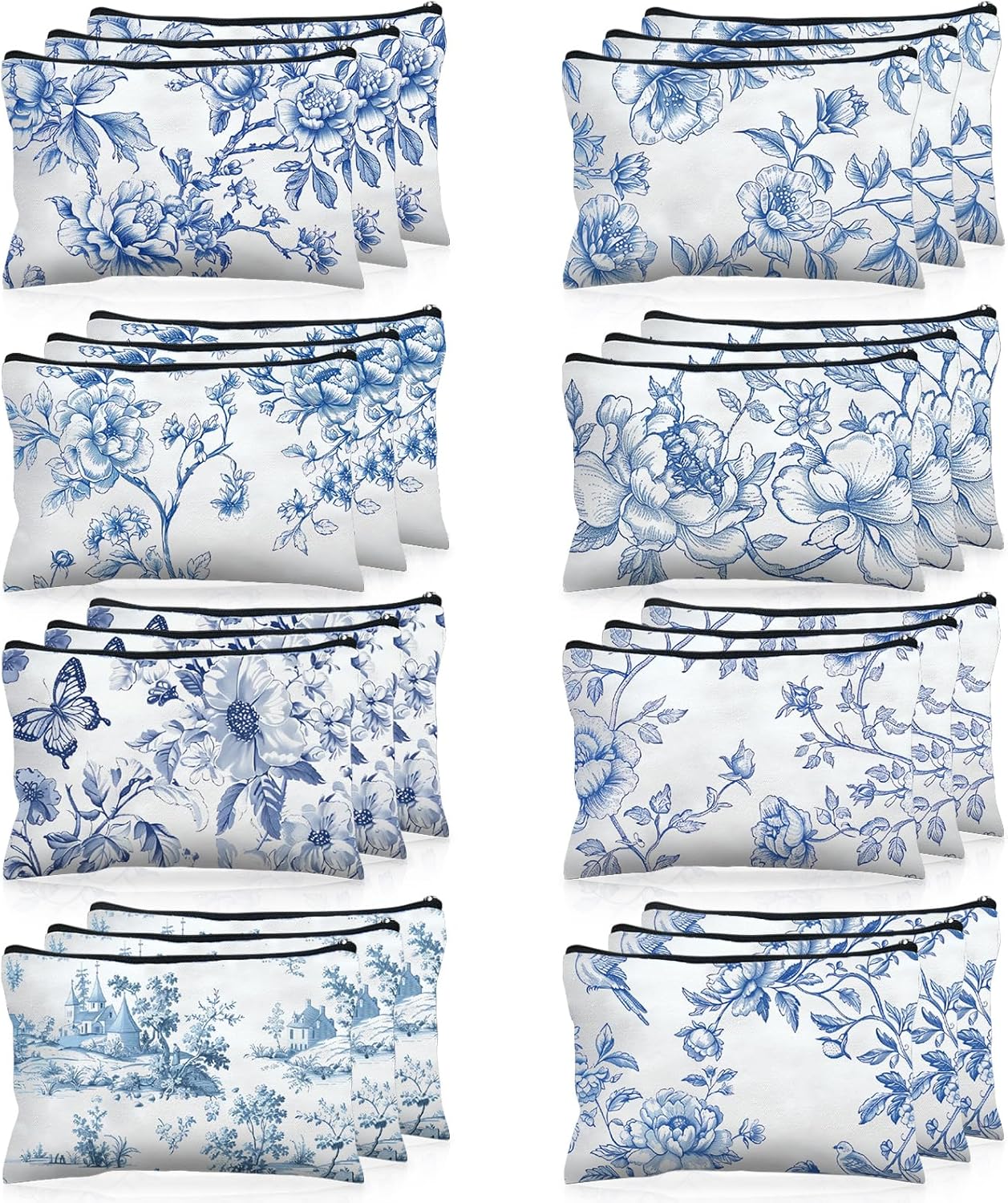 24 Pcs Floral Cosmetic Bags Bulk for Women Blue and White Floral Makeup Bags Chinoiserie Canvas Travel Zipper Pouches Aesthetic Toiletry Bag for Girls Women Bridesmaids Wedding Supplies