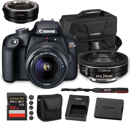 Canon EOS Rebel T100 DSLR Camera with 18-55mm Lens| 18MP APS-C Sensor, Built-In Wi-Fi & Full HD Video| For Beginners, Travel & Everyday Shooting(2628C029) + EF-S 24mm f/2.8 STM Lens + 64GB Card + More