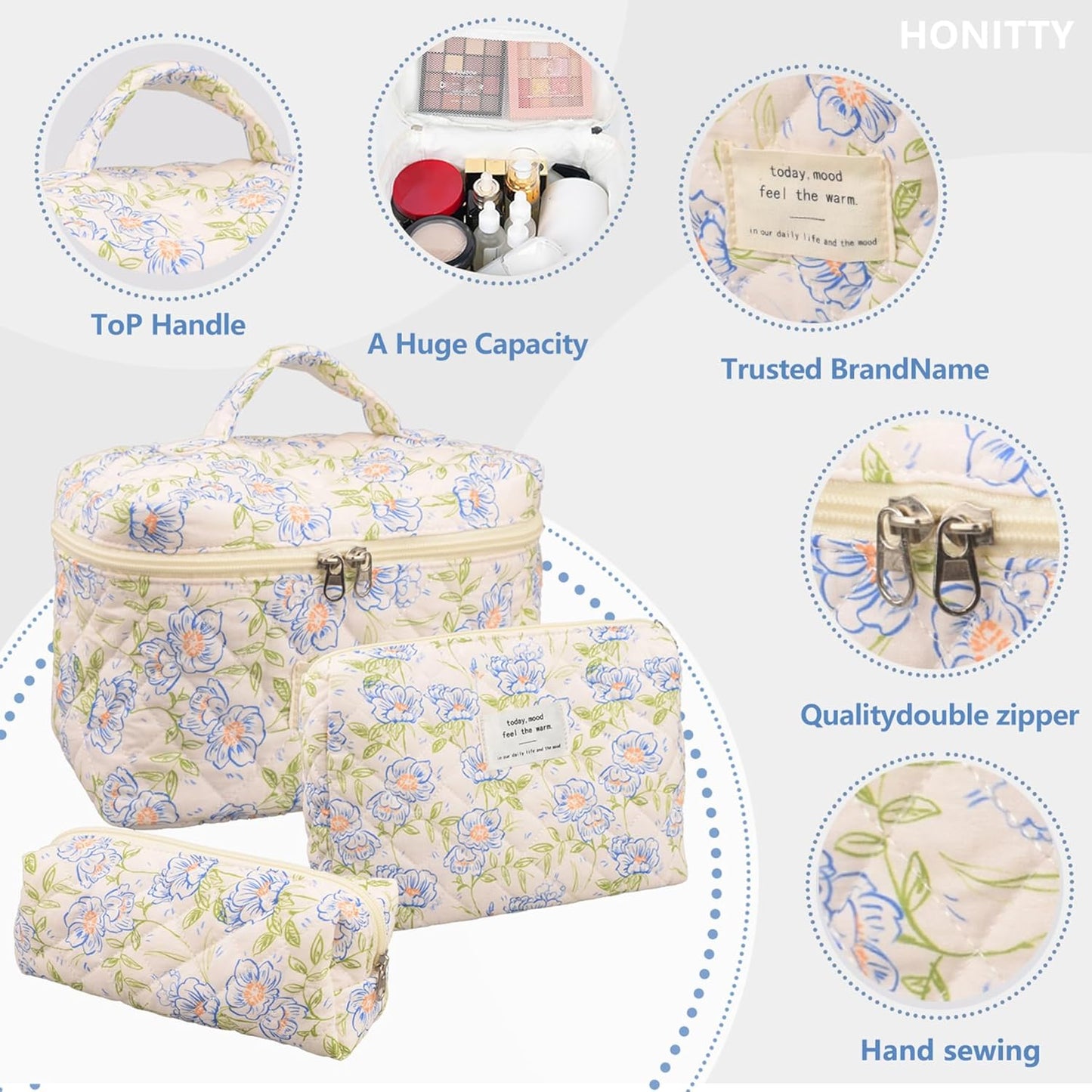 Makeup Bag,Quilted Cosmetic Bags,Large Floral Make Up Organize bag,Makeup Bag Set for Women,Flower Travel Toiletry Bag