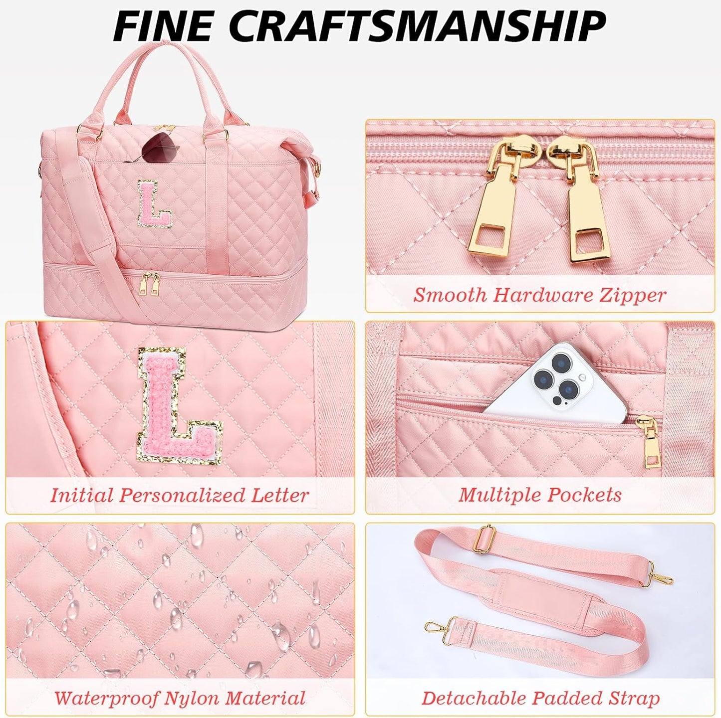 Gifts for Women Girls Initial Travel Duffle Bag Quilted Weekender Carry-On Overnight with Cosmetic Bag, Gym Bag with Shoe Compartment Hospital Bag for Labor Delivery, Pink L