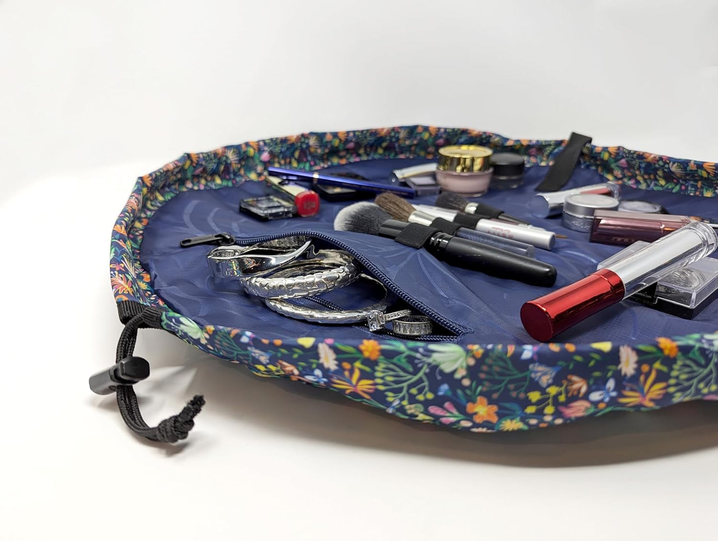 Lay-n-Go Cosmo Layflat Drawstring Cosmetic & Makeup Bag Organizer - Portable Drawstring Makeup Bag w/Zipper Pocket, Loops & More -Durable, Machine Washable Toiletry Bag (20", Butterfly Small Floral)