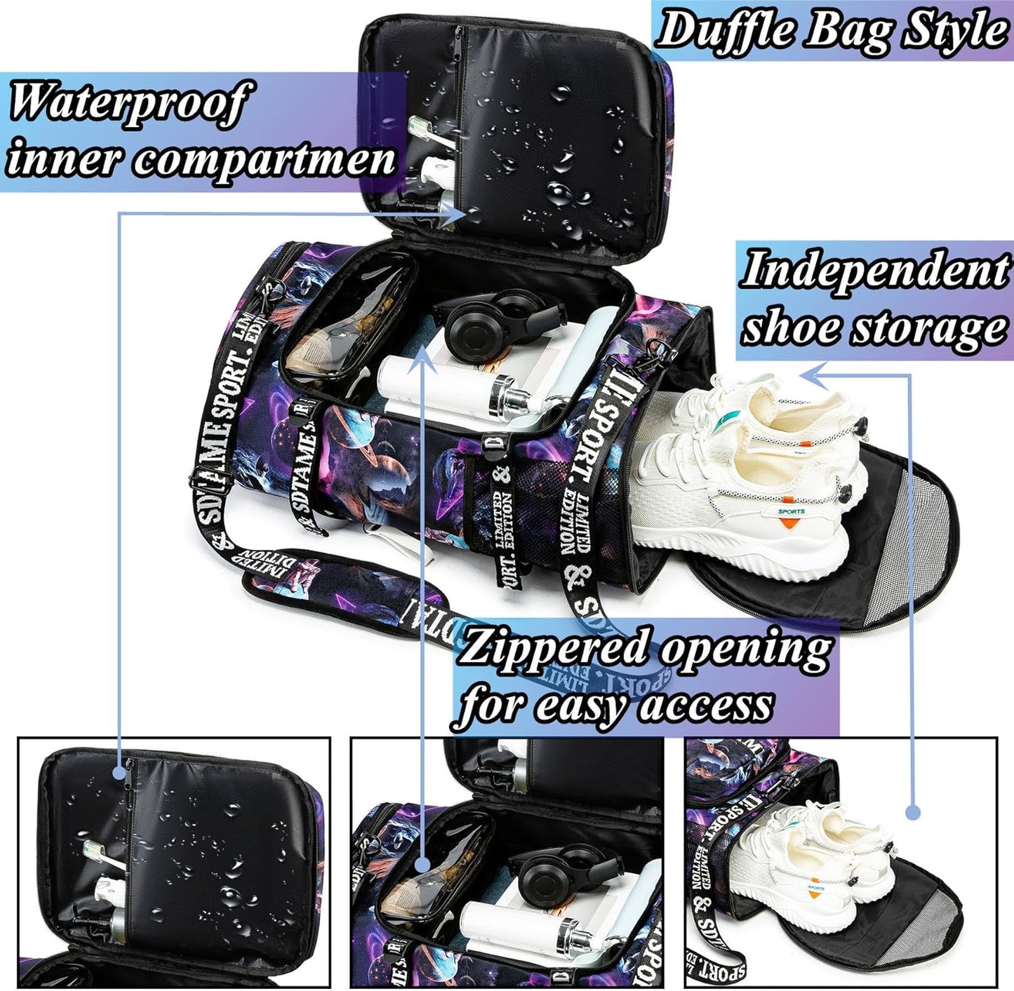 Gym Duffle Bag Backpack with Shoe Compartment,4 ways Travel Backpack for Women and Men,Multi-Functional Weekender bag with Waterproof Layer&Laptop Compartment for Fitness, Travel,Camping