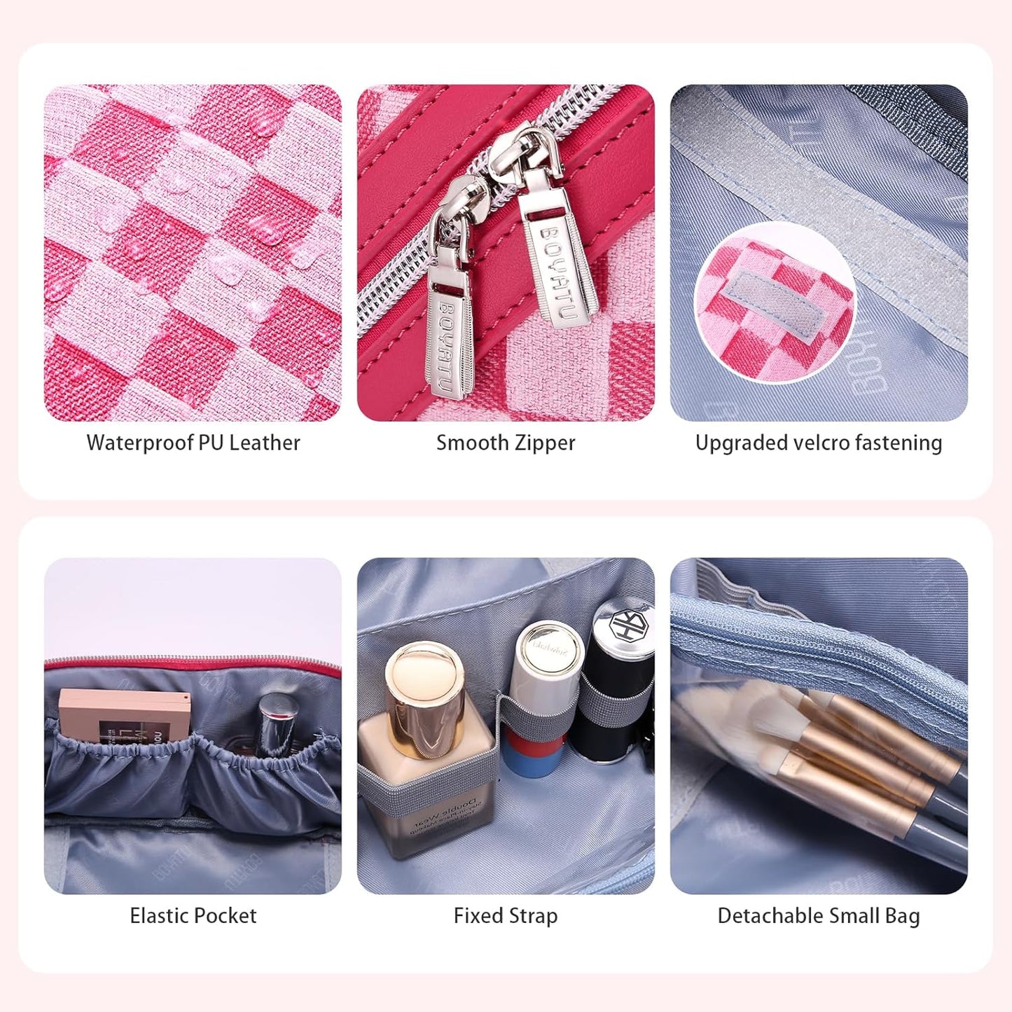 BOYATU Travel Makeup Bag for Women: Large Cosmetic Bag Set of 3 - PU Leather Make up Bag with Compartments - Compact Waterproof Toiletry Bag with Divider & Handle (D-4-Red)