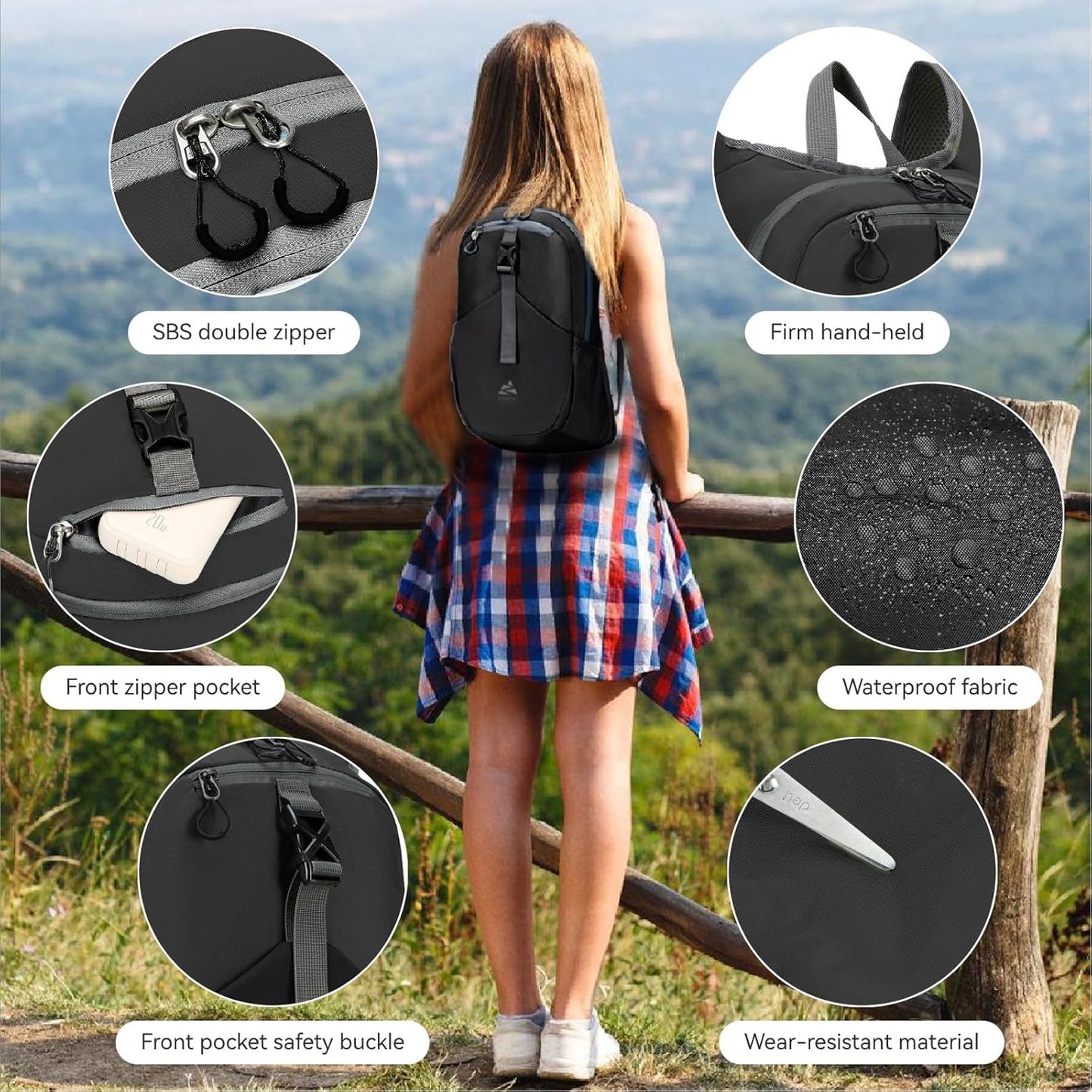 15L Small Hiking Backpack for Men Women Lightweight Packable Backpack Foldable Casual Daypack for Camping Travel Outdoor, Black
