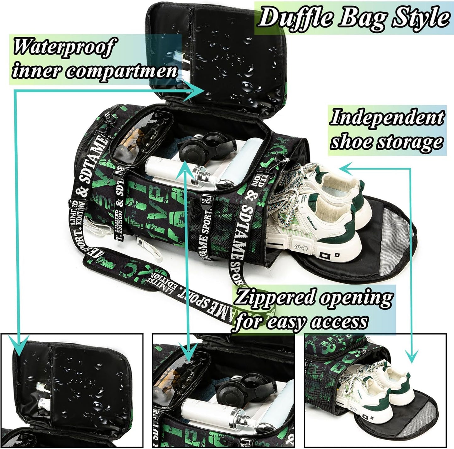 Gym Duffle Bag Backpack with Shoe Compartment,4 ways Travel Backpack for Women and Men,Multi-Functional Weekender bag with Waterproof Layer&Laptop Compartment for Fitness, Travel,Camping