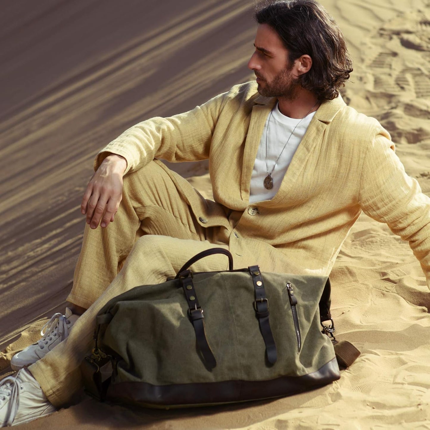 Oversized Canvas Genuine Leather Trim Travel Tote Duffel Shoulder Weekend Bag Weekender Overnight Carryon Handbag