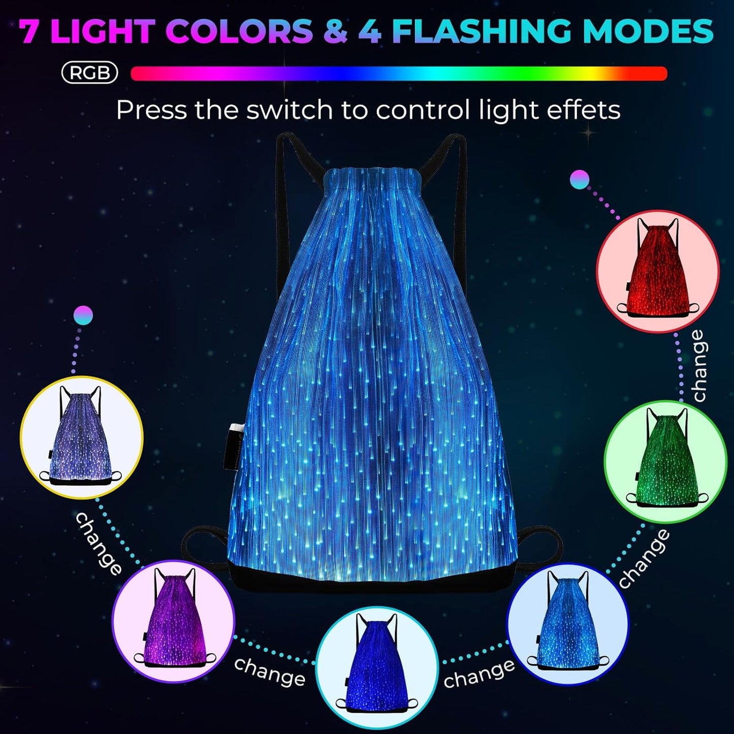 LED Backpack Drawstring Bag Gym Bags Light up Purse 7 Colors Rave Gear Rucksack for Bike Hiking festival carnival (Black)