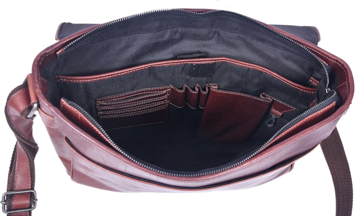 16" Crossbody Bag Leather Laptop Messenger Bag For Men with trolley sleeve for school office (Dark Brown)