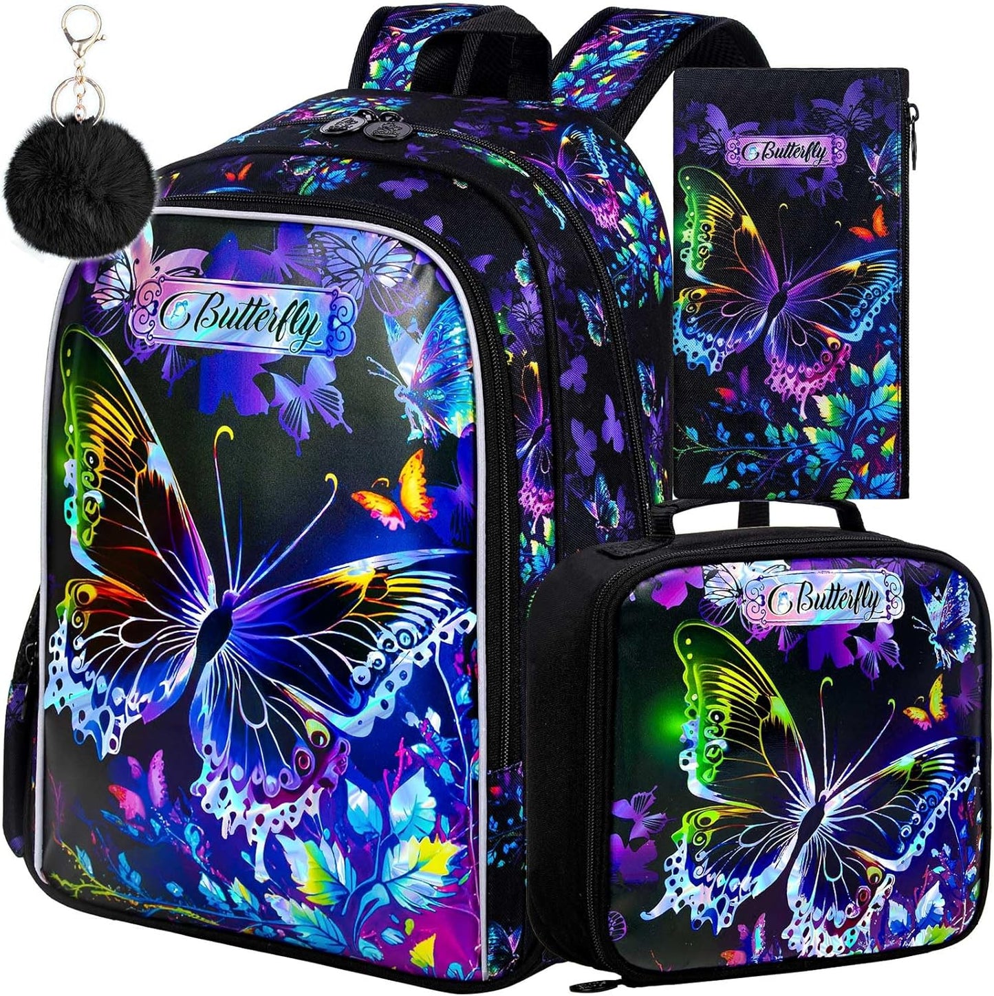 16" Butterfly Backpack for Girls, 3Pcs School Bookbag with Lunch Box, Kids Backpacks Set for Elementary Preschool Kindergarten(Black)