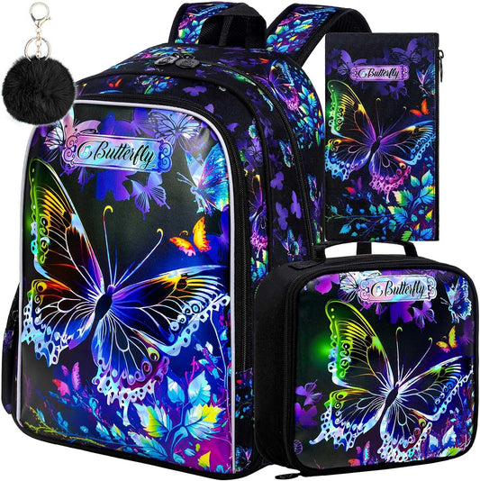 16" Butterfly Backpack for Girls, 3Pcs School Bookbag with Lunch Box, Kids Backpacks Set for Elementary Preschool Kindergarten(Black)