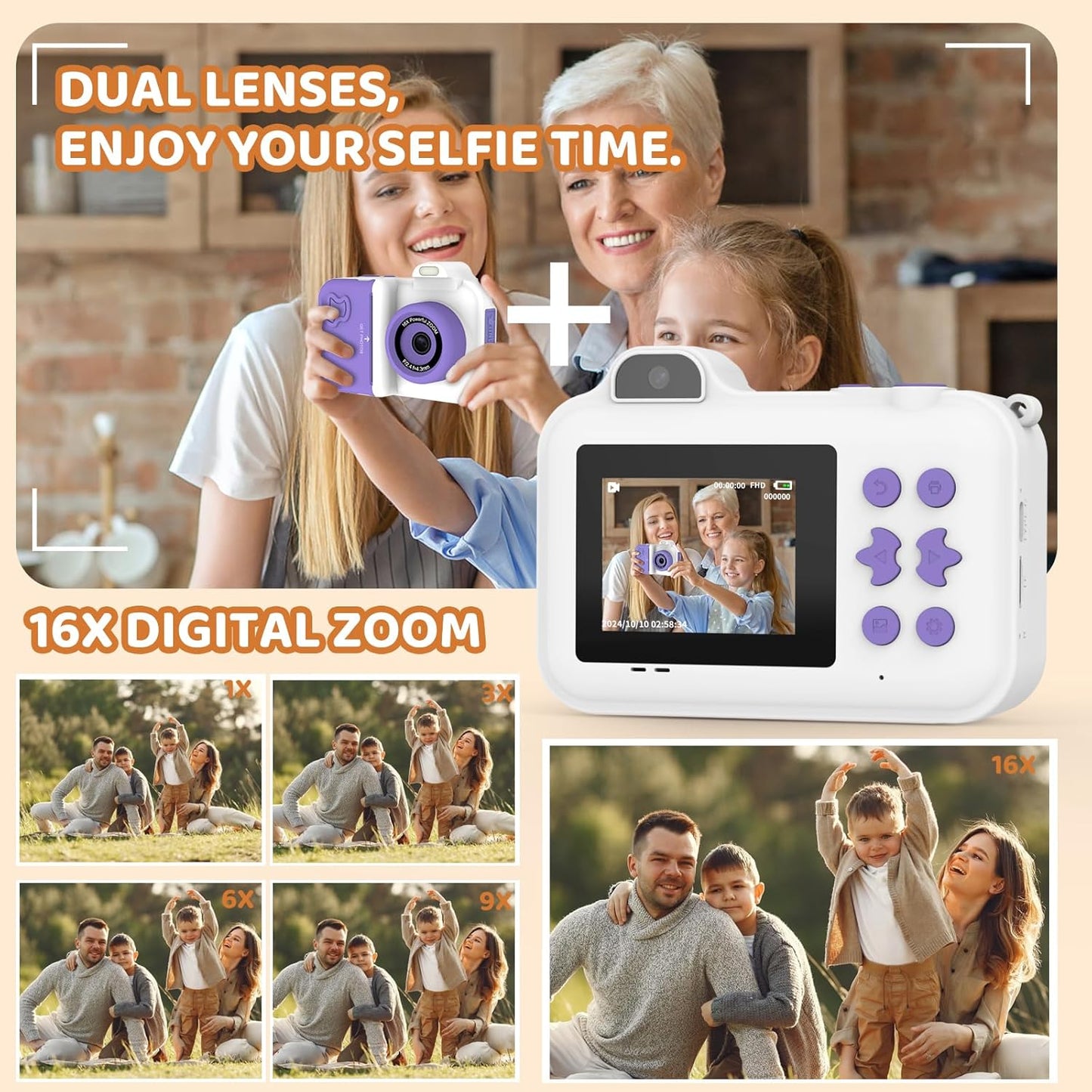 Kids Camera Instant Print, Christmas Birthday Gifts Toys for Girls Boys Age 4 5 6 7 8 9 10 11 12 Years Old,1080P HD Dual-Lens Selfie Digital Camera with 5 Rolls Print Paper Stickers Pens & 32G Card
