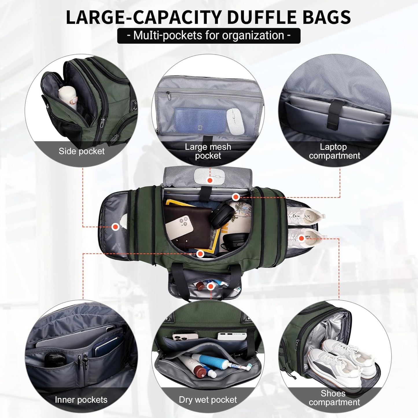 WITZMAN Duffle Bag for Men Nylon Large Gym Weekender Bag with Shoe Compartment Expandable Carry on Overnight Bag(B695 Army Green)