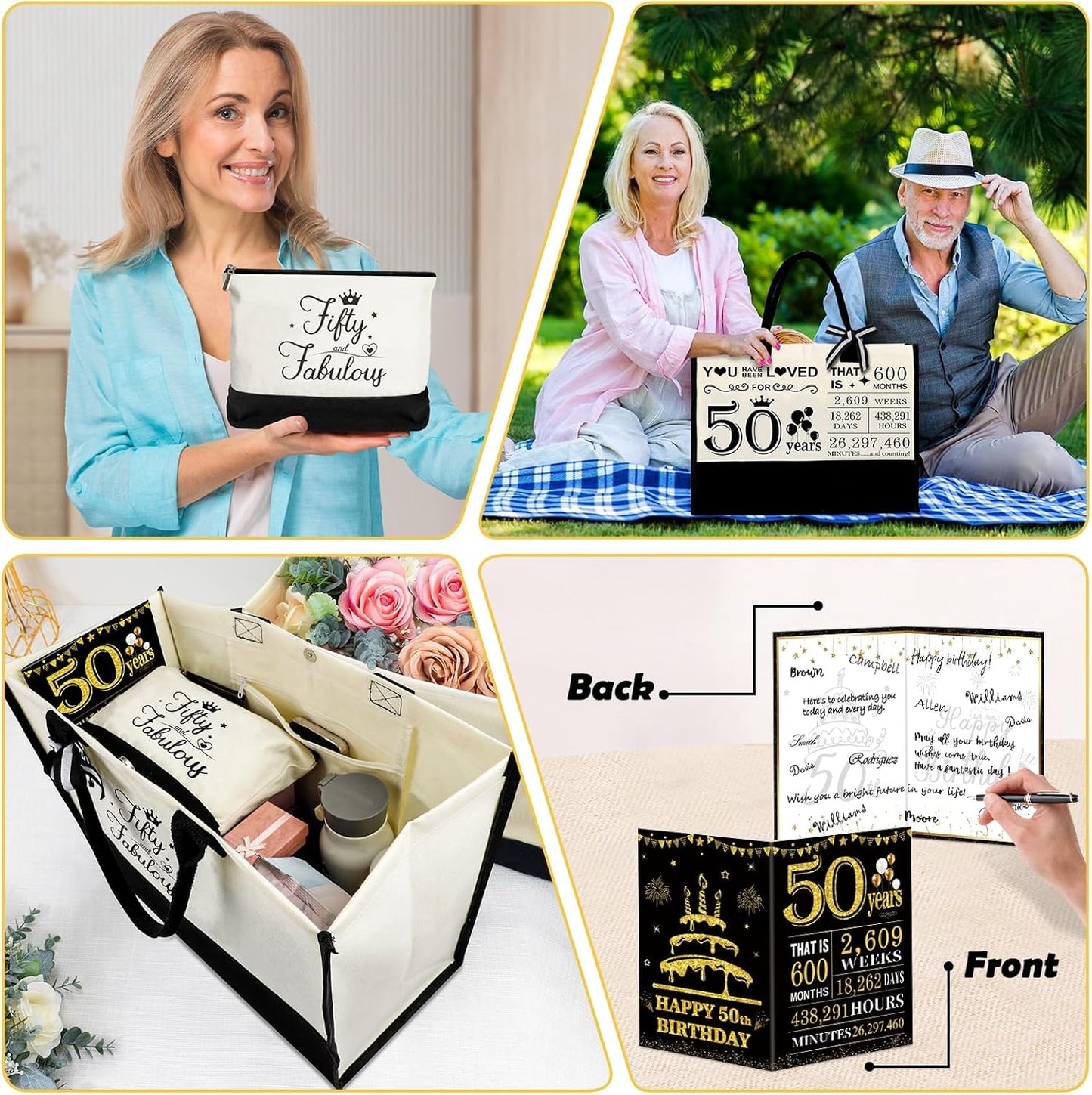 50th Birthday Gifts for Women 50 and Fabulous Canvas Tote Bag Travel Gear, Unique 50 Years Old Gifts for Wife Sister Mom Aunt Friends Her, Handbag & Cosmetic Bag & 50 Birthday Poster