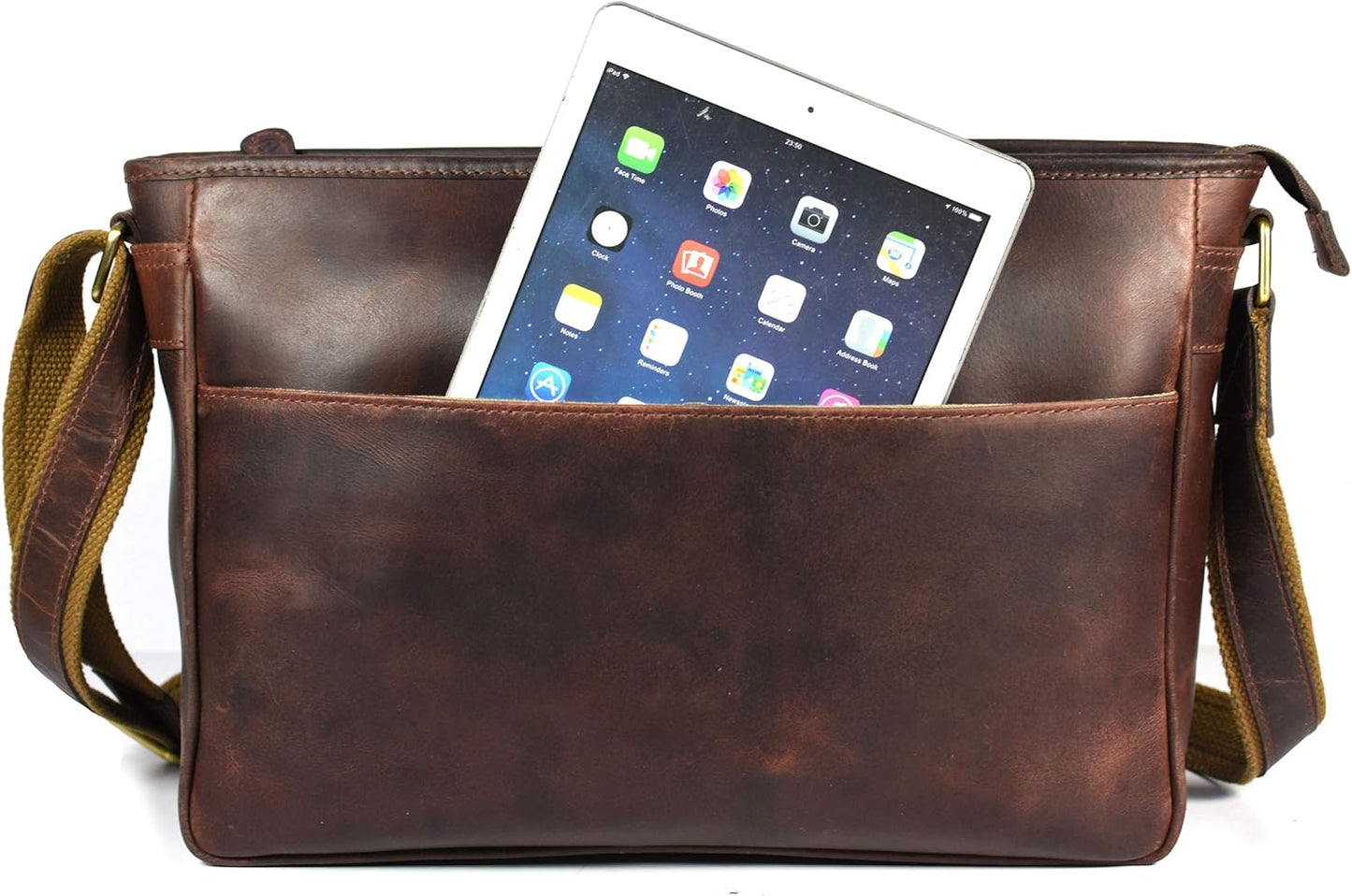 16" Crossbody Bag Leather Laptop Messenger Bag For Men with trolley sleeve for school office (Walnut)