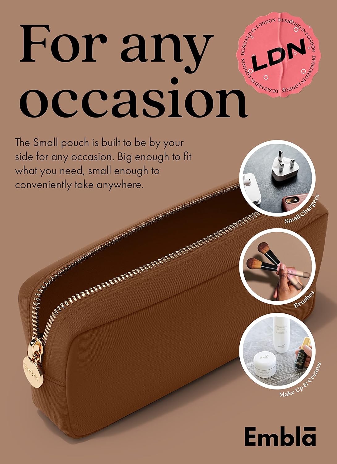 Embla Makeup Bag Travel Cosmetics Pouch and Toiletry Bag, Nylon Zipper Pouch Purse, Cute Make Up Organizer Storage Tote for Women Girls, Waterproof Travel Skincare Case, Small Makeup Bags, Chocolate