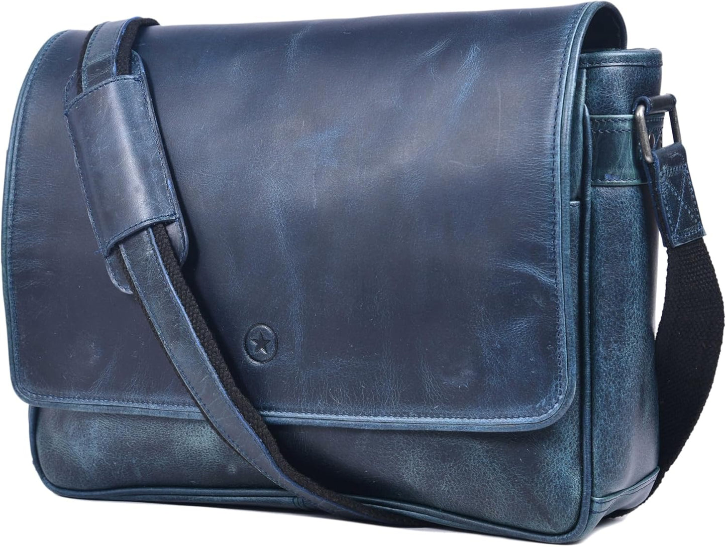 16" Crossbody Bag Leather Laptop Messenger Bag For Men with trolley sleeve for school office (Ice Blue)