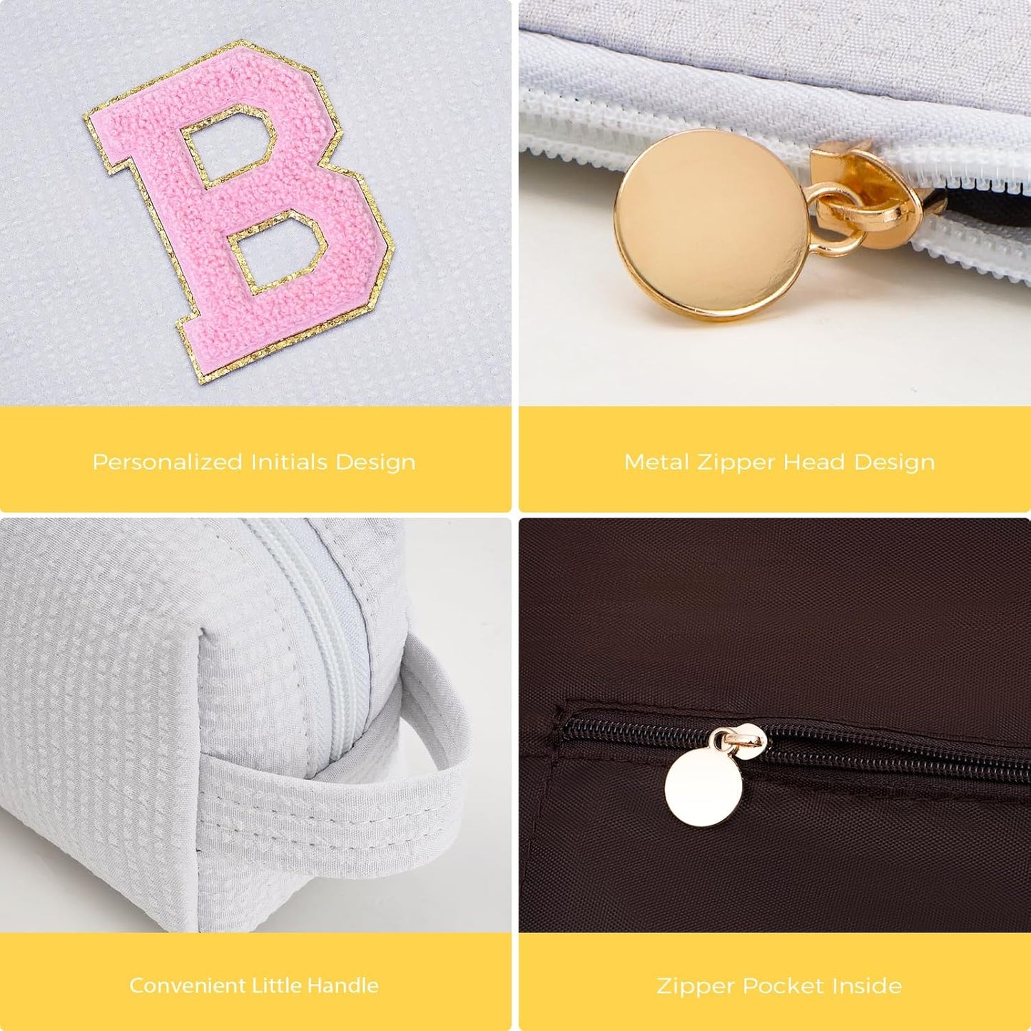 Bridesmaid Gifts Wedding Day - Bridal Shower Gifts,Maid of Honor Gifts,Initials Makeup Bag Set Cosmetic Bag - White,B