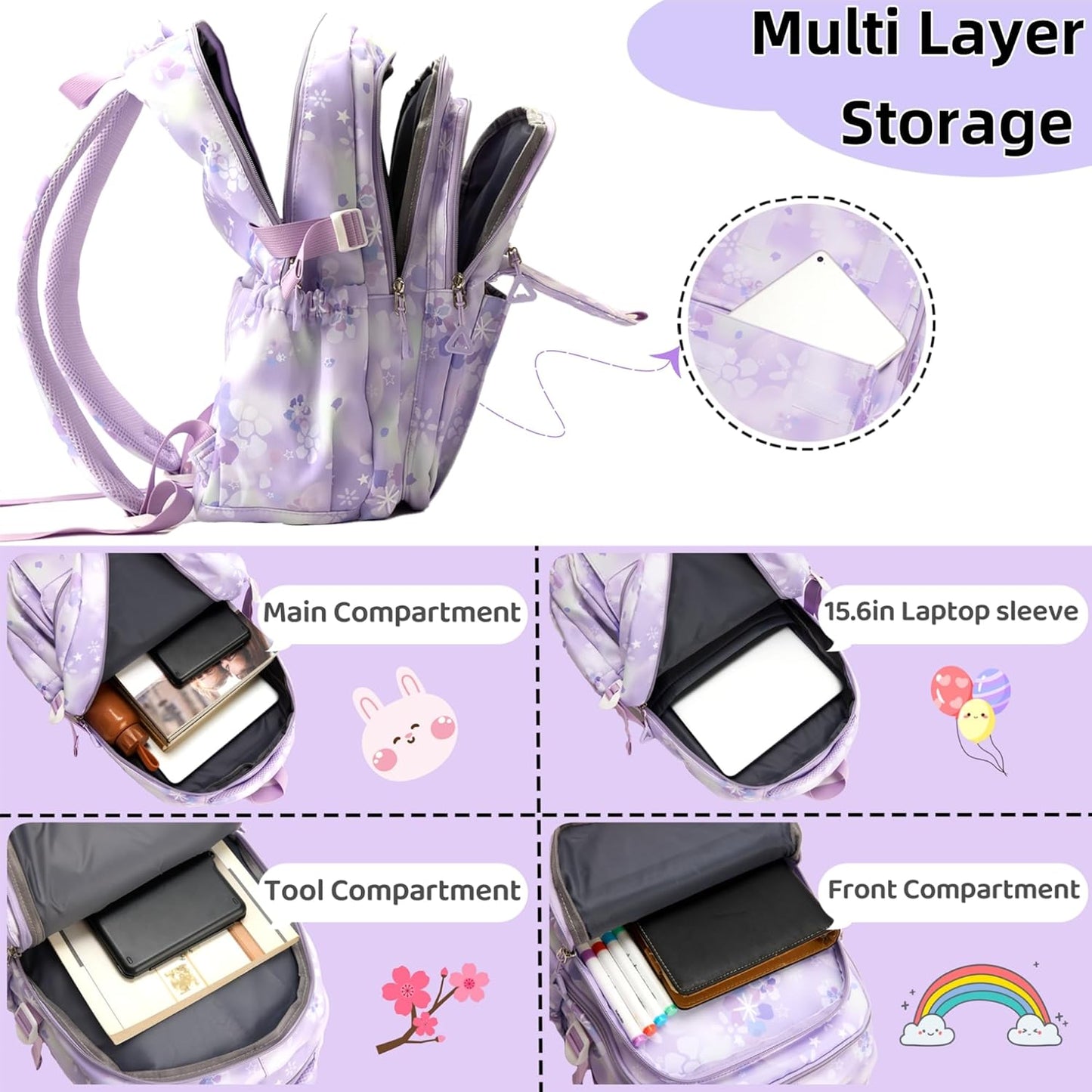 Kids Backpack for Girls Flower schoolbag with Lunch Bag & Pen Case Waterproof Girl Bookbag for Elementary school(purple)