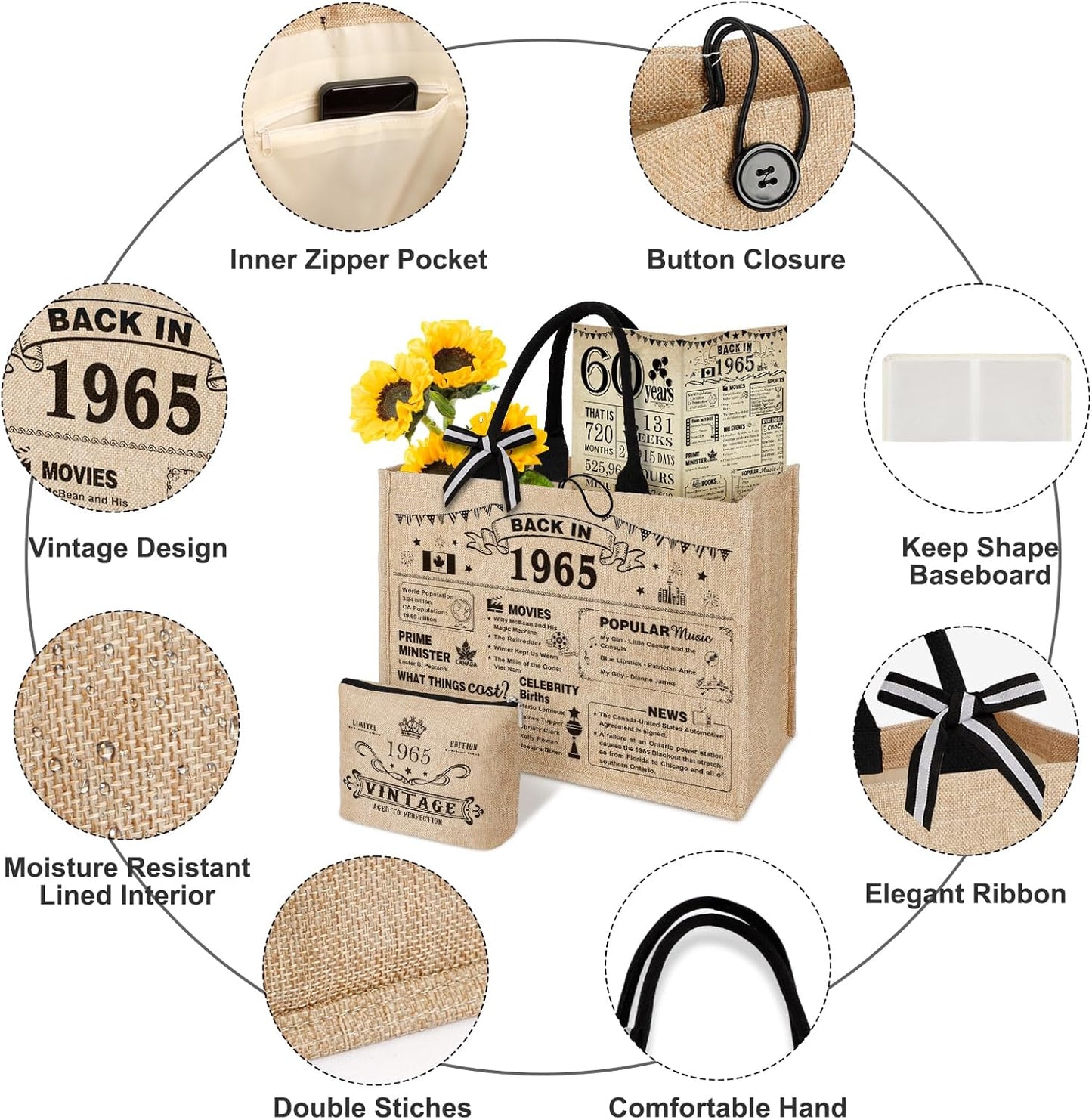YeohJoy 60th Birthday Gifts for Women Jute Tote Bag, Vintage 1965 Burlap Bag with Cosmetic Bag and Back in 1965 Poster, Unique 60 Years Old Gifts for Mom Friends Wife Sister Her