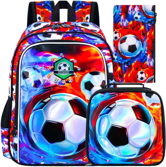 16" Soccer Backpack for Boy, 3Pcs Football School Backpacks with Lunch Box, Kids Bookbag for Elementary Preschool Kindergarten(Ice and Fire)