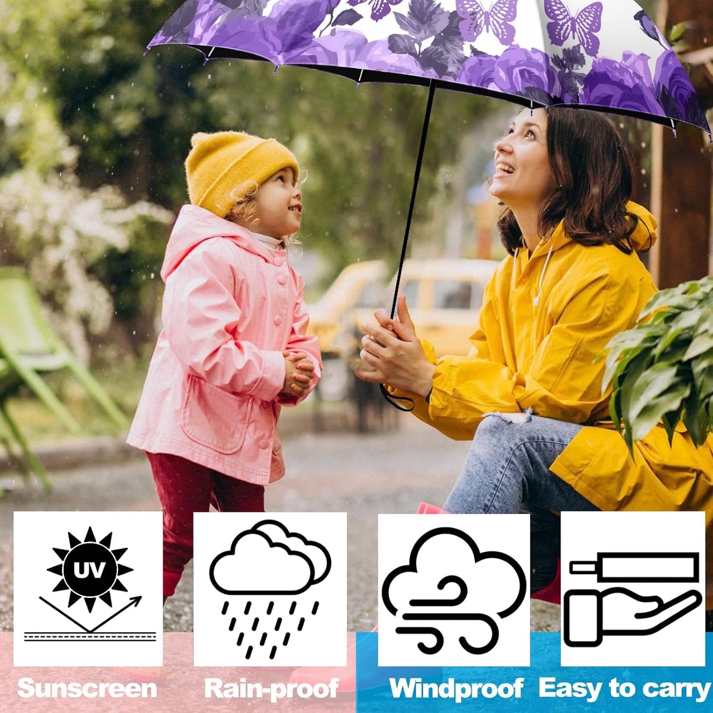 Small Travel Folding Umbrella for Girl, Portable, UV, SunShade, Compact, Automatic, Rain & Wind