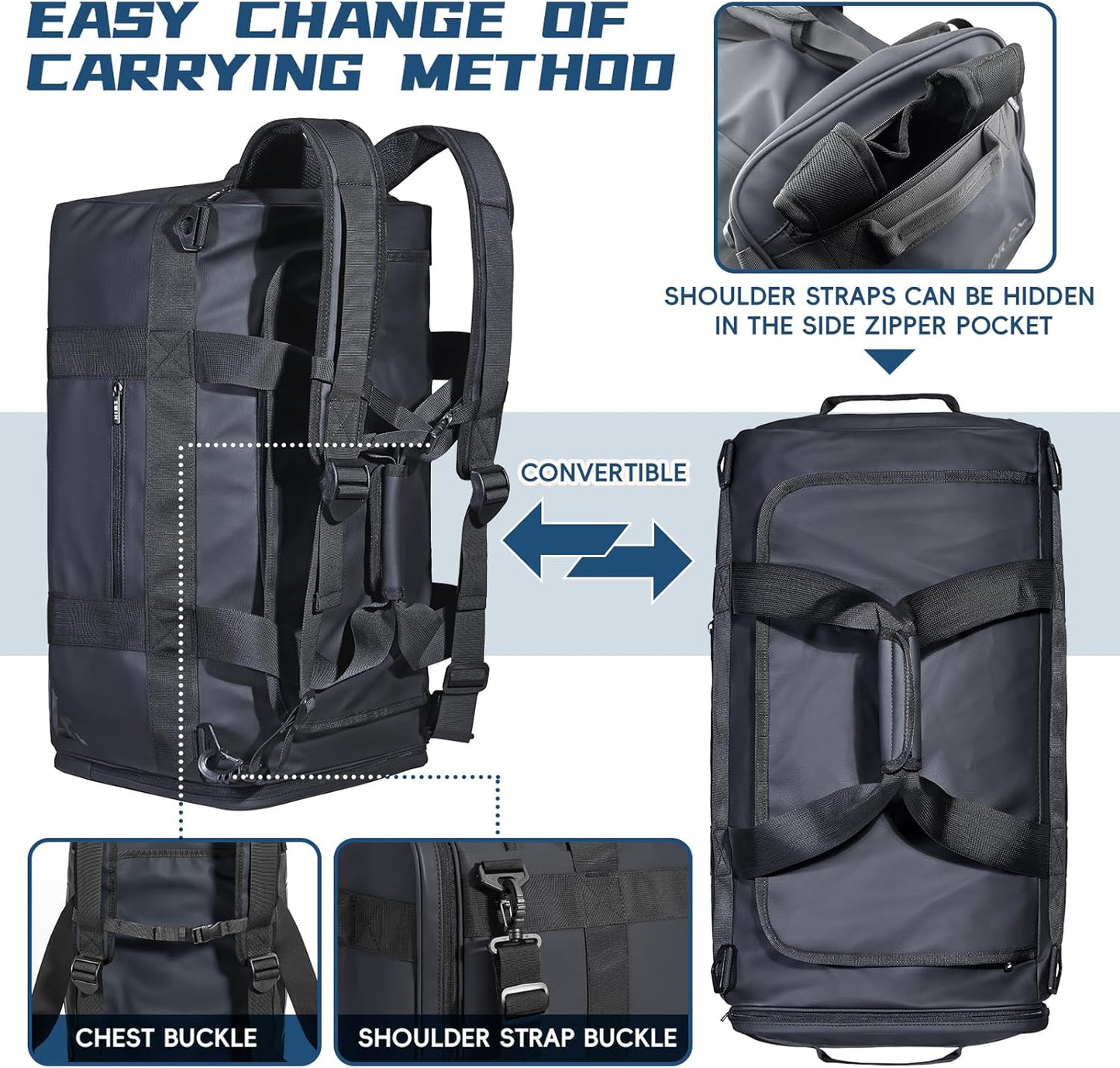 Duffle Backpack Heavy Duty Gym Bag for Men, 50L Convertible Travel Duffel Water Resistant Large Hand Bag for Sport Weekend, Black