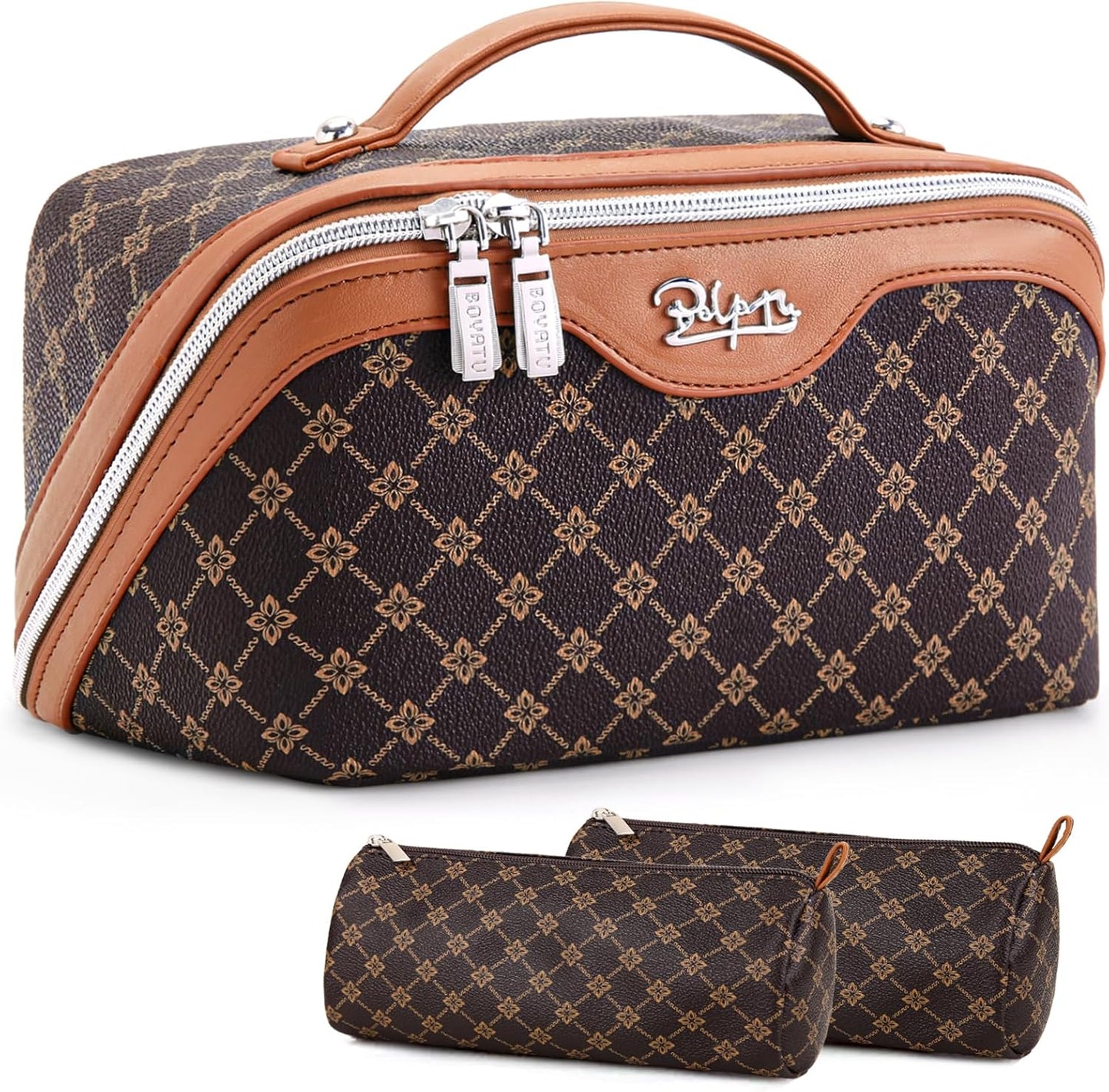 BOYATU Travel Makeup Bag Cosmetic Bags for Women: 3 Pcs Set Large Portable Make up Bag with Handle - Vegan Leather Toiletry Bags with Compartments - Makeup Organizer for Travel Essentials(A-1-Coffee)