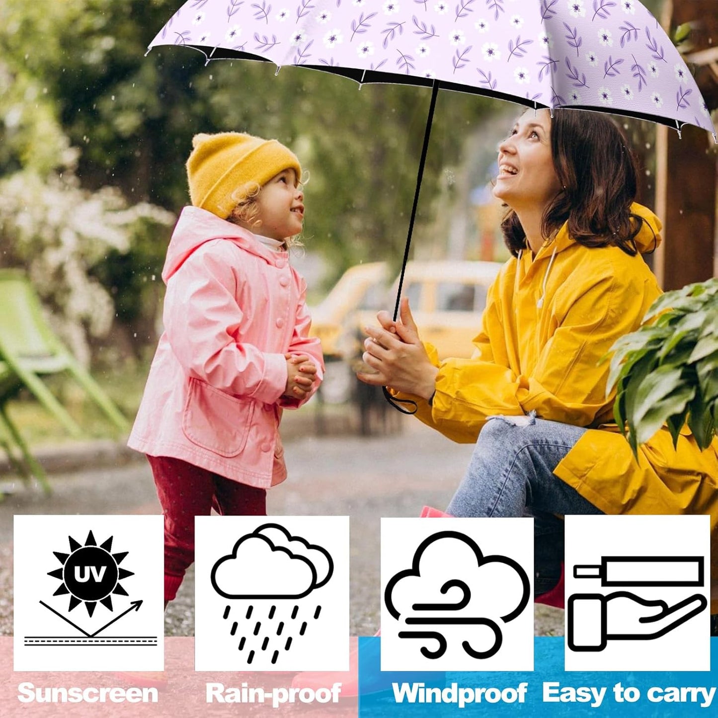 Small Travel Folding Umbrella for Girl, Portable, UV, SunShade, Compact, Automatic, Rain & Wind
