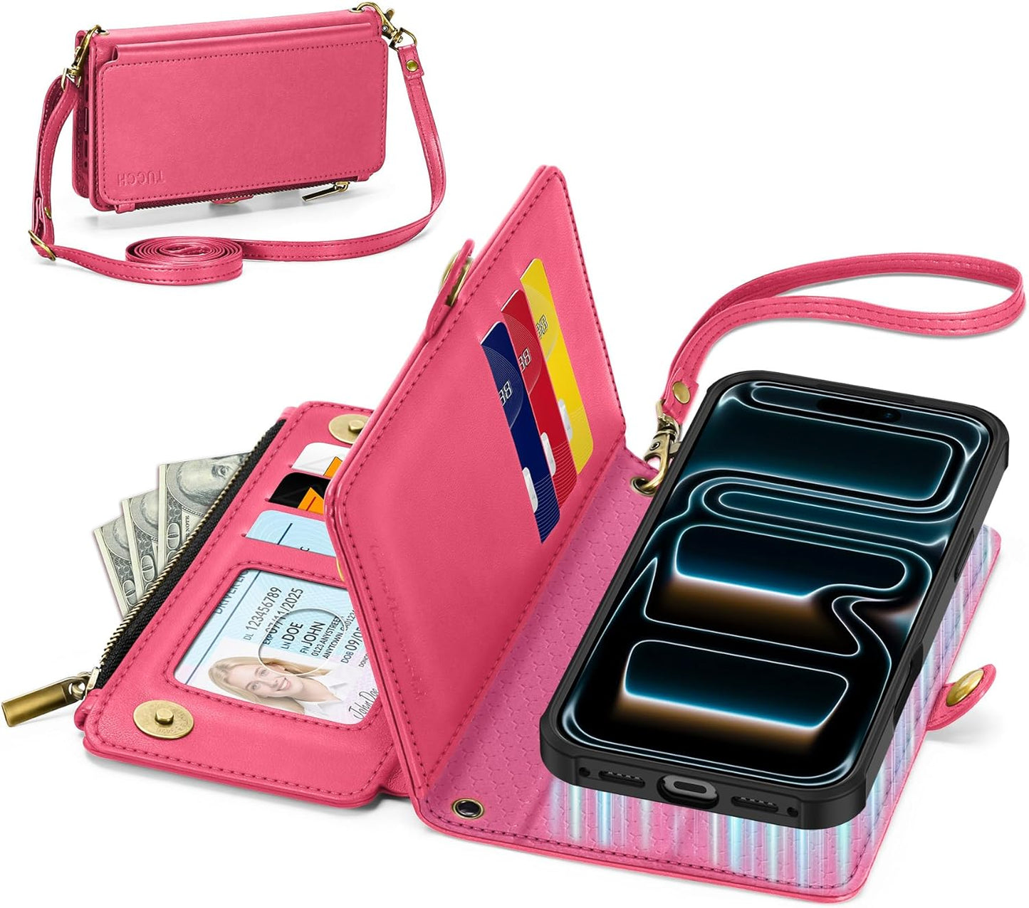 TUCCH Detachable Crossbody Case Wallet for iPhone 17 Pro 6.3", Wireless Charging | RFID Blocking 9 Card Holders | Lanyard | Wrist Strap | Stand | Zipper Pocket | PU Leather | Magnetic Cover | Hot Pink