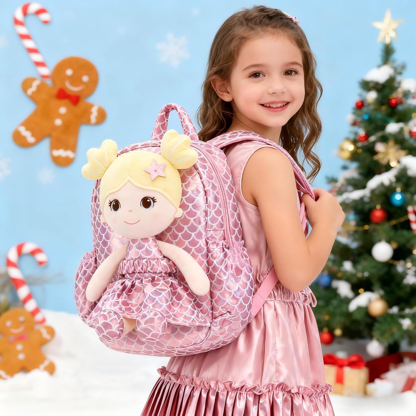 Lazada Toddler Backpack - Baby Girl Gifts Plush Doll Dress Backpack - Fashion Girls Tina Fish Scale Series - Pink11 Inches