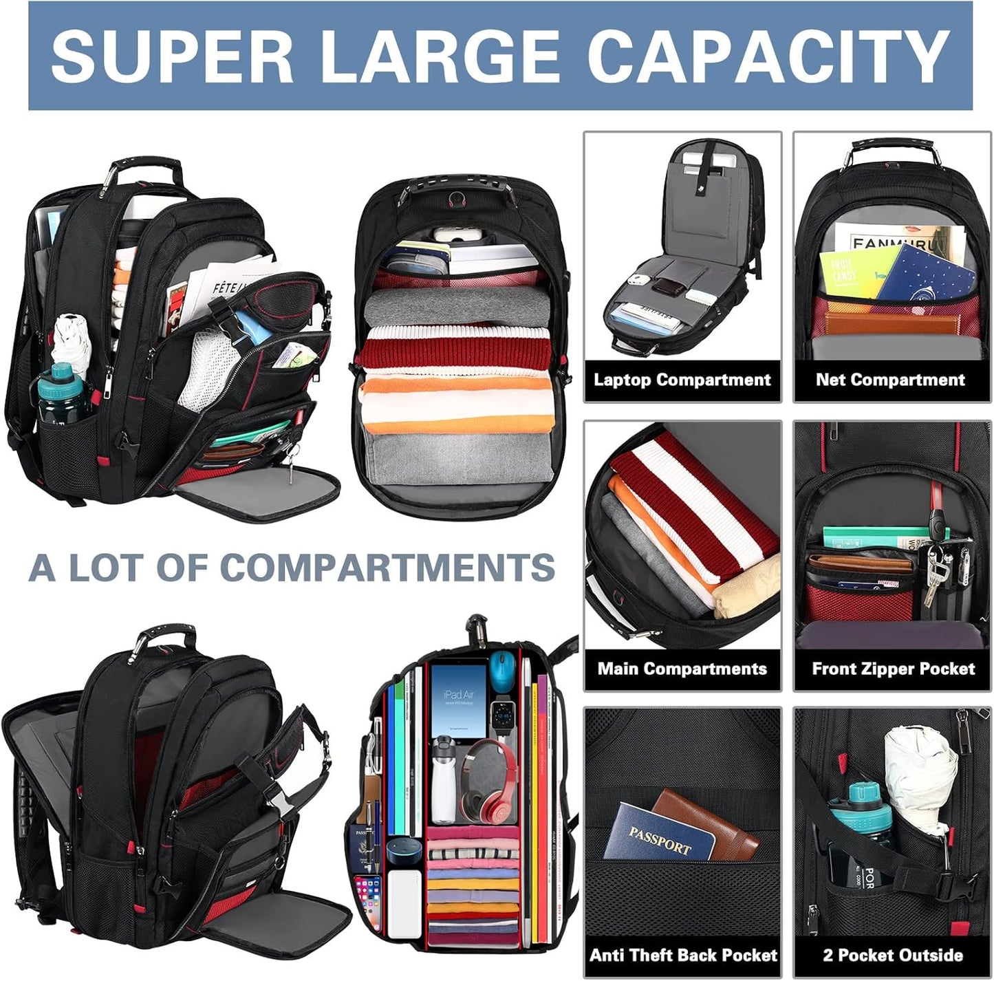 18.4 Laptop Backpack for Men, Extra Large Gaming Laptops Backpack with USB Charger Port, TSA Friendly Big Capacity Heavy Duty Travel Computer Bag RFID Anti-theft Pocket Backbag,21.2*15.5*11.5inch Red