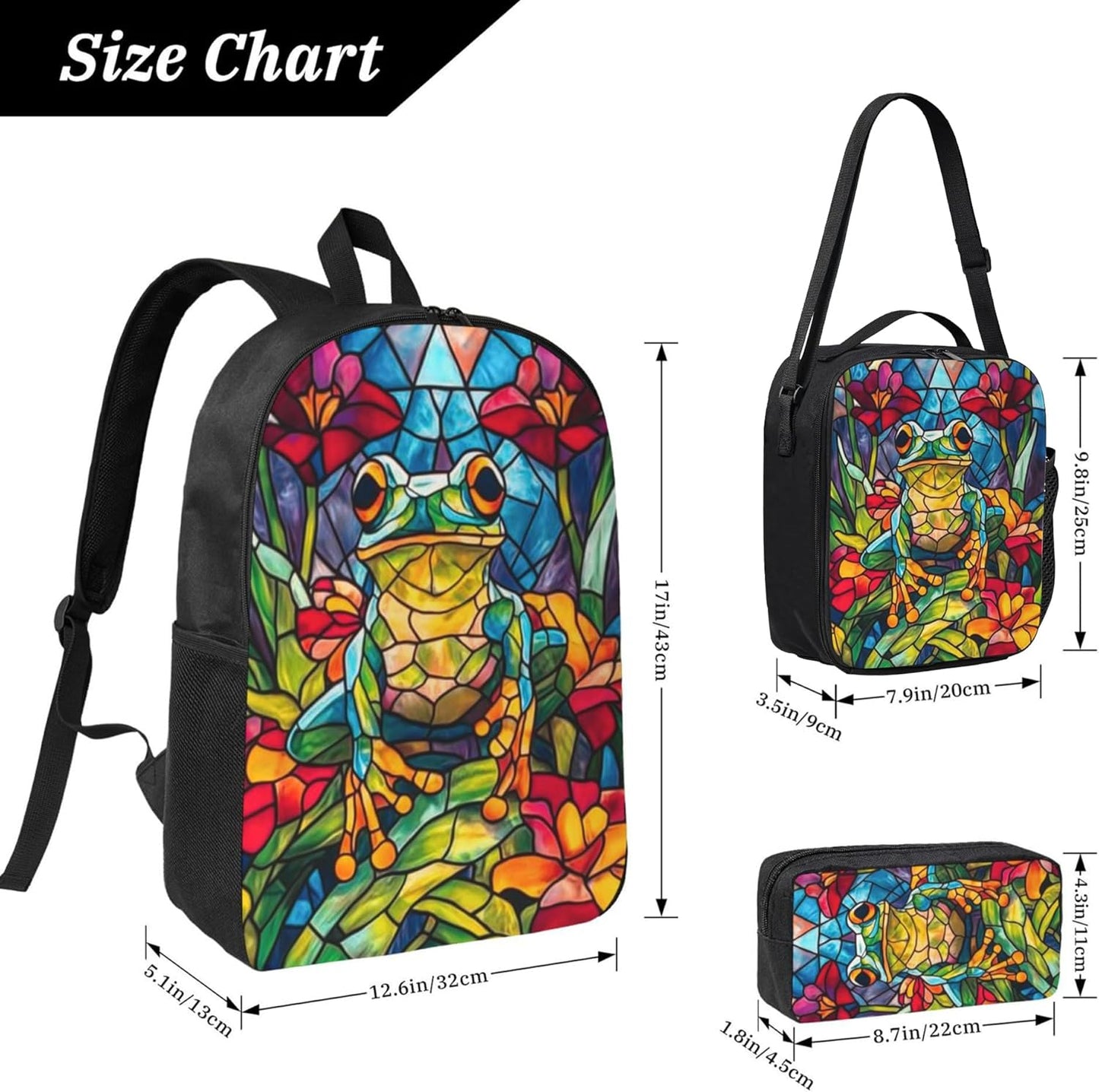 Frog Kid Backpack Set with Lunch Bag & Pencil Case Large Capacity School Bag 17 Inch Bookbag for Boy Girl