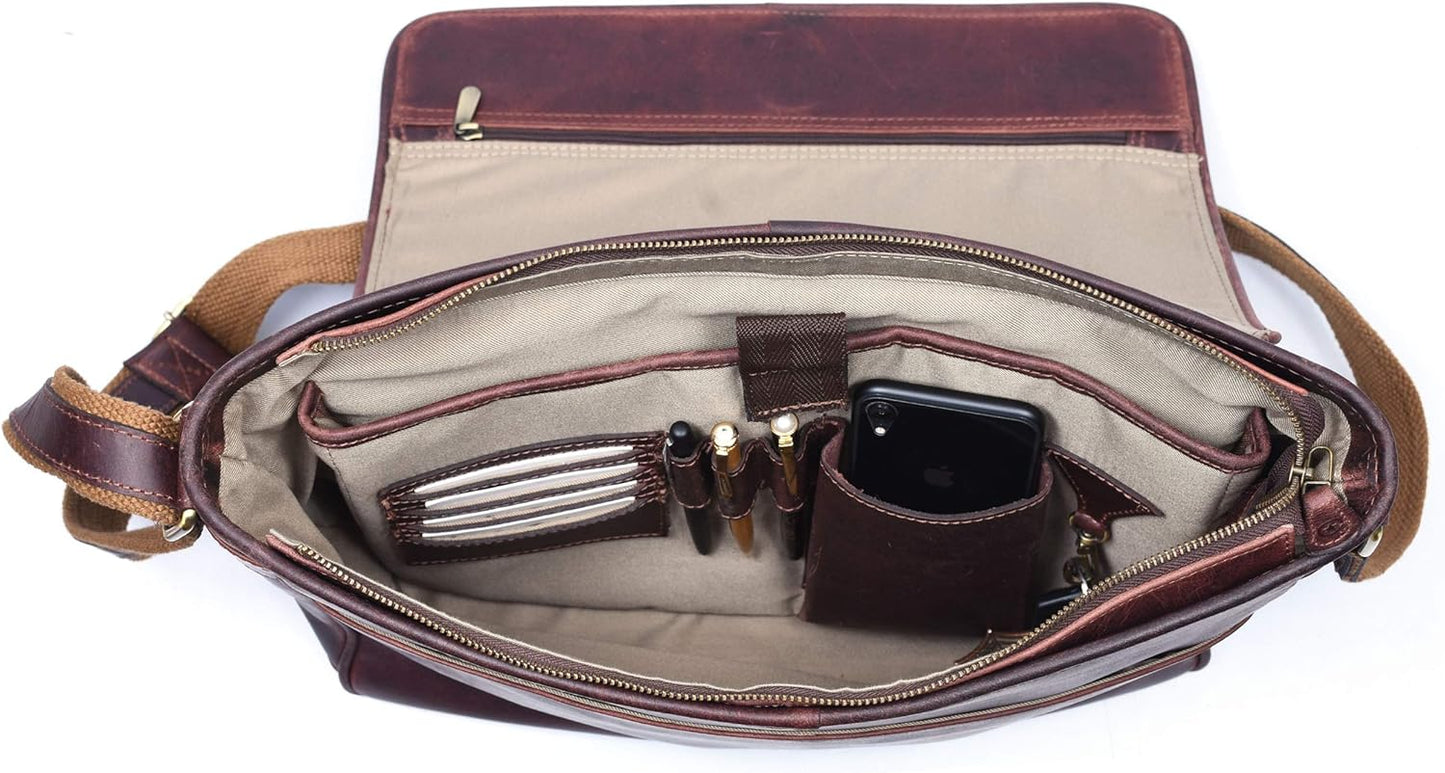 16" Crossbody Bag Leather Laptop Messenger Bag For Men with trolley sleeve for school office (Walnut)