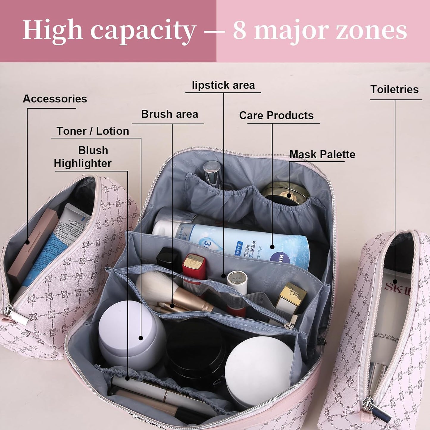 BOYATU Travel Makeup Bag Cosmetic Bags for Women: 3 Pcs Set Portable Make up Bag with Handle - Vegan Leather Toiletry Bags with Compartments - Makeup Organizer for Travel Essentials(A-2-Pink)