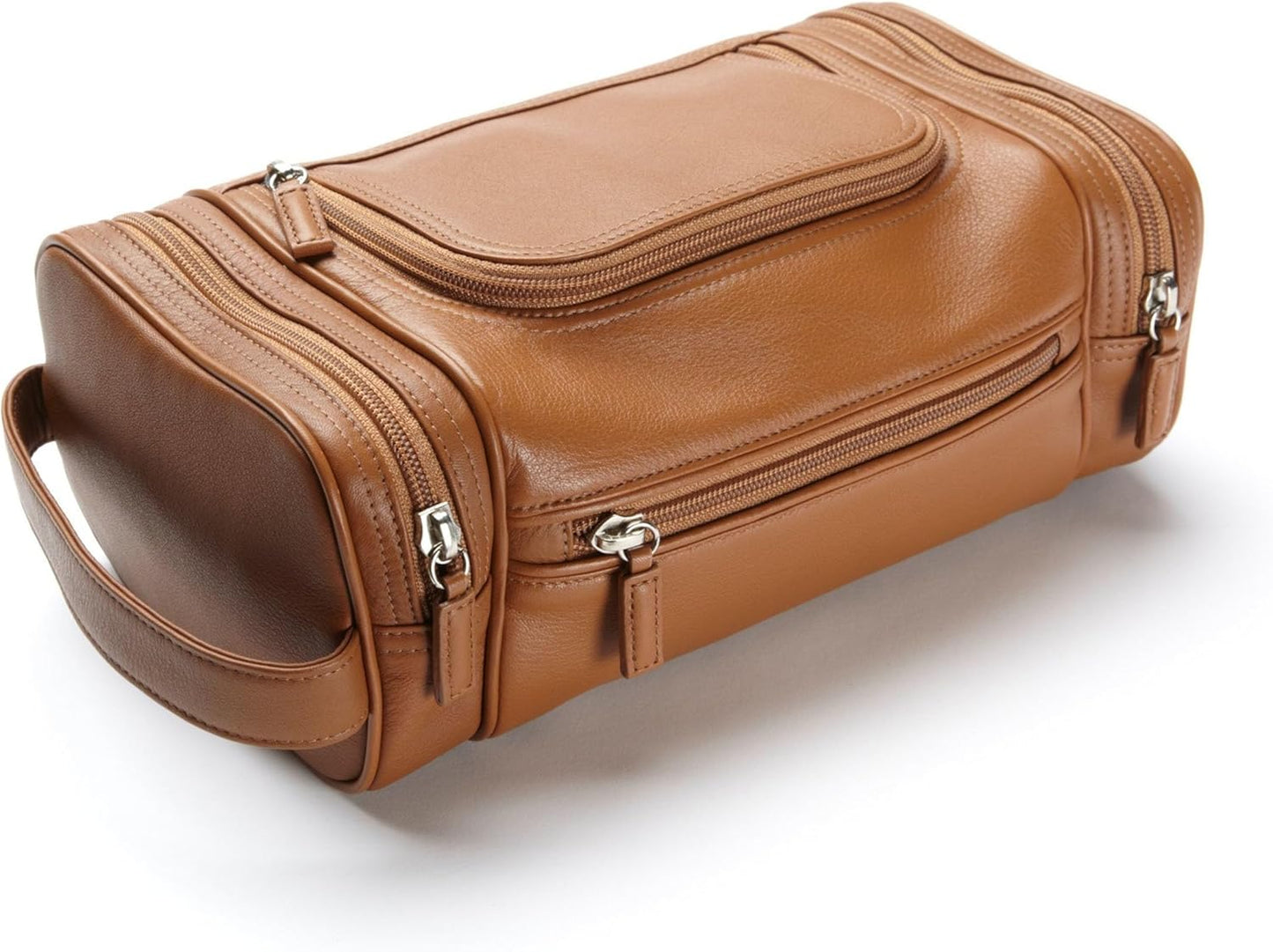 Leatherology Cognac Multi Pocket Toiletry Bag - Main top zippered compartment with additional side and front zippered pockets