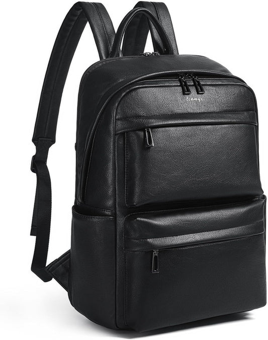 Leather Laptop Backpack for Women, Fits 15.6 Inch Laptop, Leather Backpack with 2 Water Bottle Pockets, Hidden Zipper and Luggage Strap, Ideal for Work, Travel, College, Everyday Use, Black