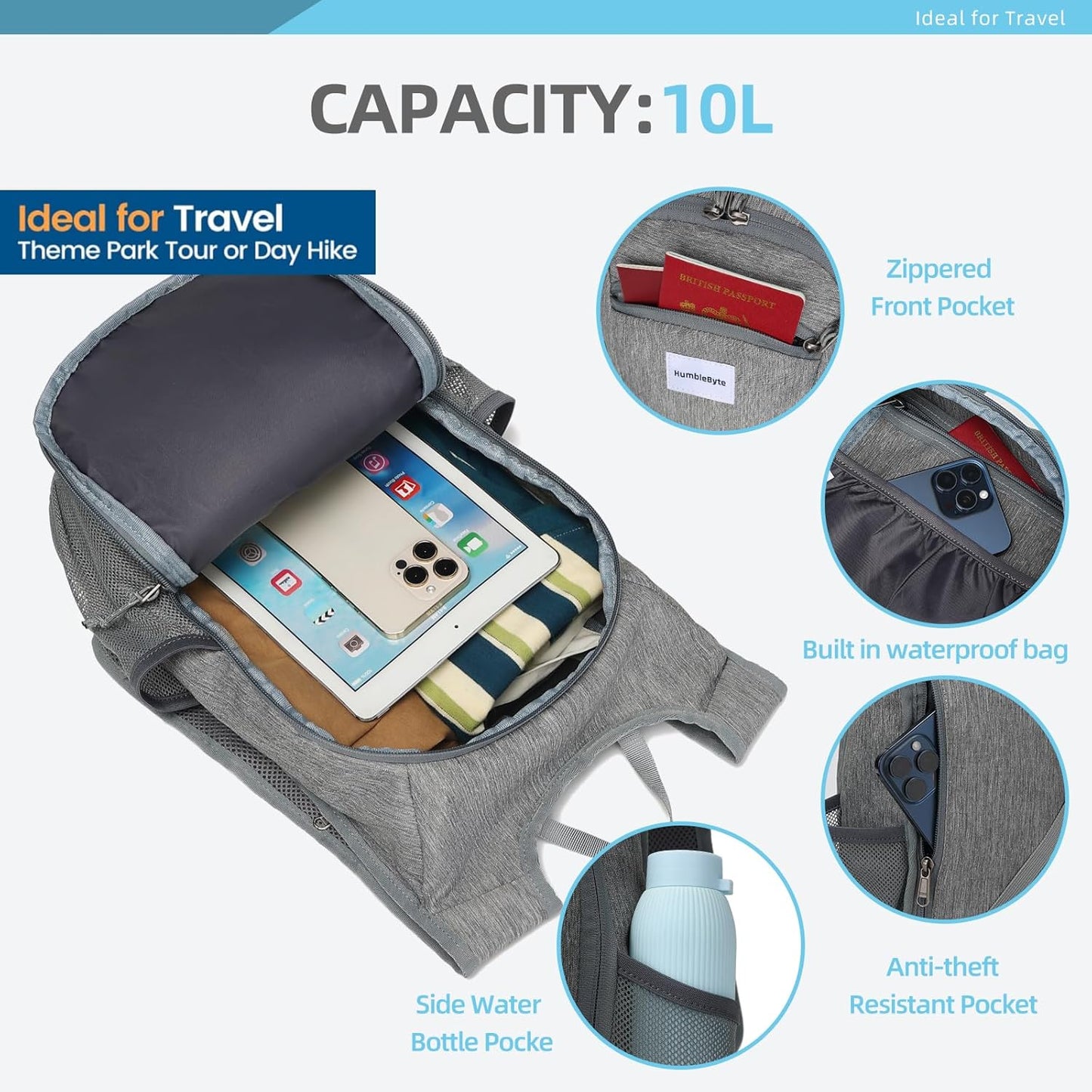 10L Lightweight Hiking Bag Small Daypack Hiking Backpack Foldable Outdoor Bag for Women Men(Gray)