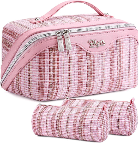 BOYATU Travel Makeup Bag for Women: Large Capacity Open Flat Make up Bag Set of 3 - Vegan Leather Cosmetic Bag with Compartments - Waterproof Toiletry Bag with Handle & Divider(I-1-Pink)