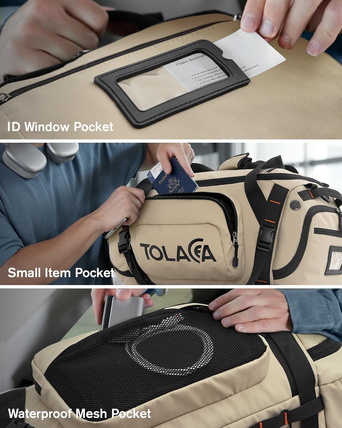 Tolaccea Gym Bag for Men & Women, 40L Duffle Bag Backpack for Travel Sports with Shoe Compartment, Wet Pocket & Extra Laptop Bag for 15.6'', 3-in-1 Sport Workout Duffel Carry On for Airplane (Khaki)