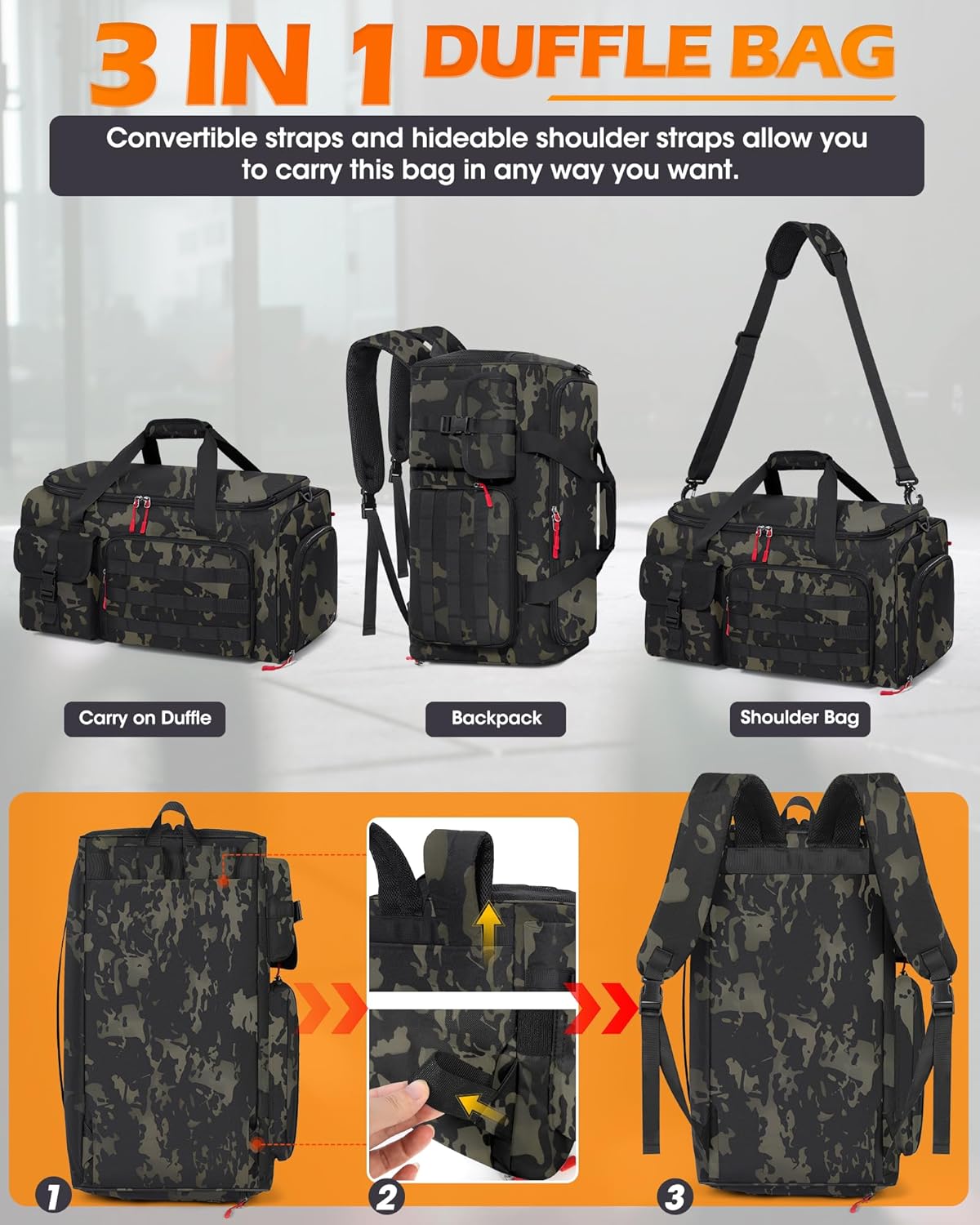 RAINSMORE Gym Bag for Men, 45L Sports Travel Duffel Bag with Shoe & Laptop Compartment, Gym Workout Backpack Carry On Weekender Bag Overnight Backpack for Travel, Green Camo