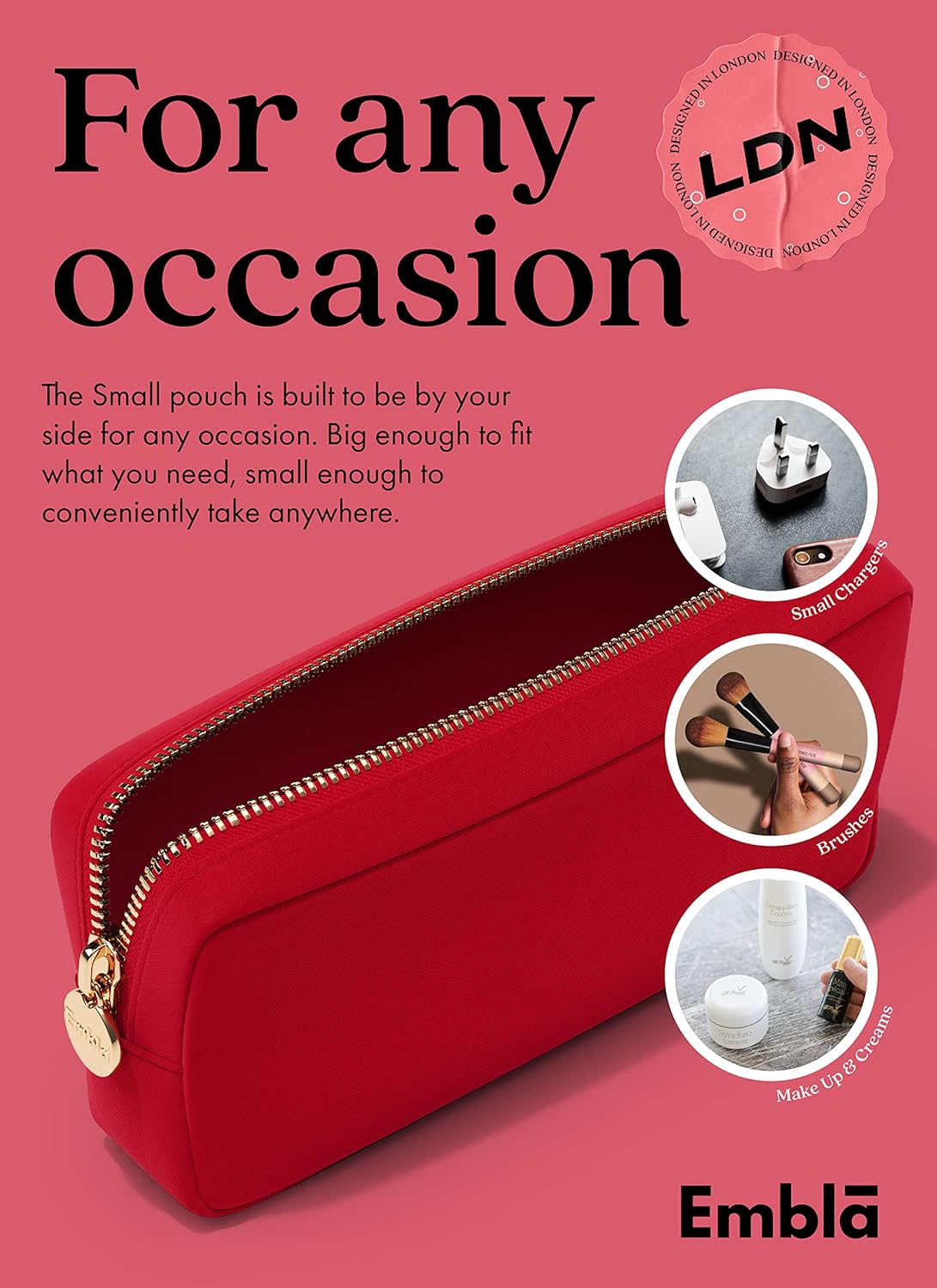 Embla Makeup Bag Travel Cosmetics Pouch and Toiletry Bag, Nylon Zipper Pouch Purse, Cute Make Up Organizer Storage Tote for Women Girls, Waterproof Travel Skincare Case, Small Makeup Bags, Ruby Red