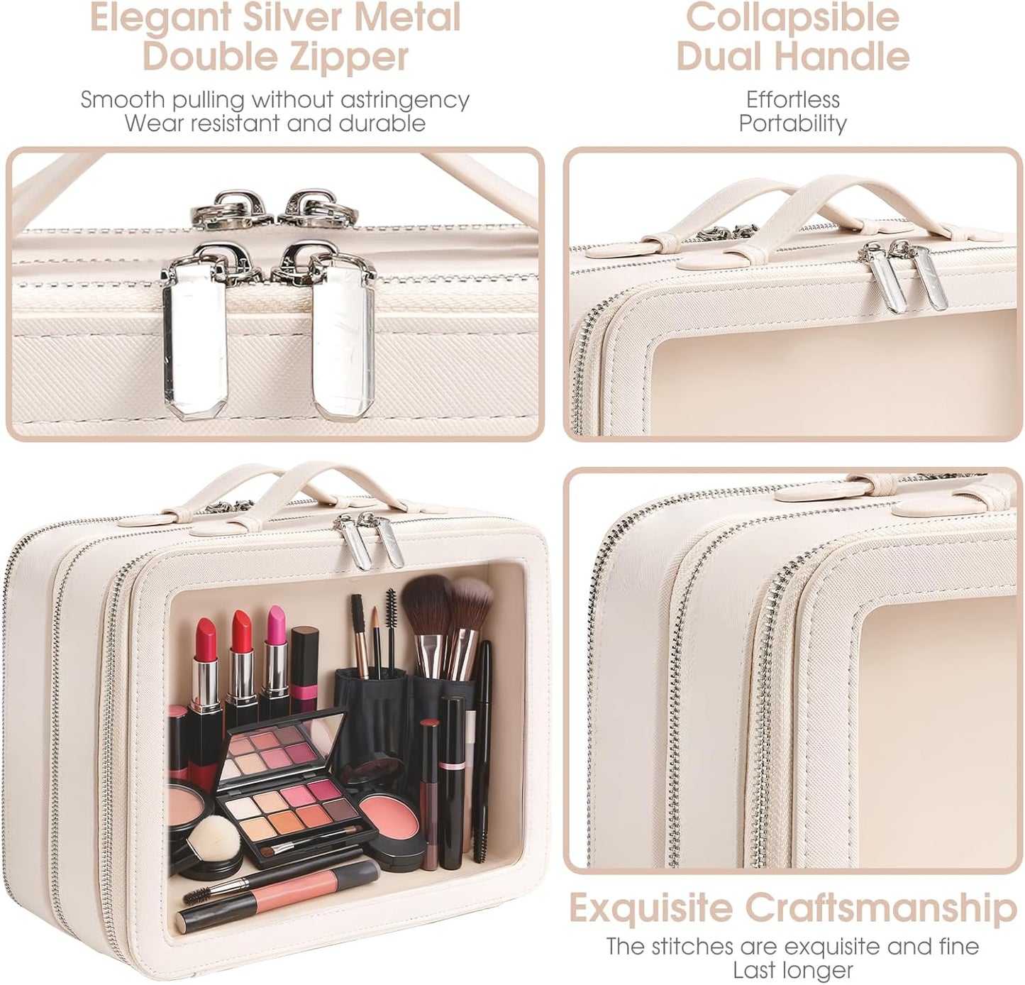 Clear Makeup Bag,Large Toiletry Case for Women,PU Leather Travel Cosmetic Bag,Detachable Makeup Case,Double Compartment Make up Organizer