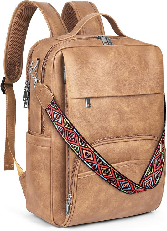 Leather Laptop Backpack, 15.6 Inch Business Computer Bag, Designer College Backpack Travel Backpack with Colorful Shoulder Bag Strap Camel