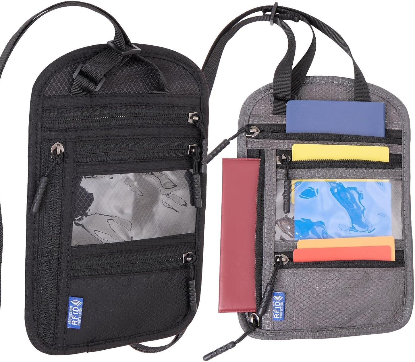 2-Pack RFID Blocking Passport Holder for Travel, Hidden Neck Wallet with Phone Pocket, Lightweight Under-Clothing Pouch Fits 7-inch phone & 2 Passports, Anti-Theft Organizer (Black & Dark Gray)