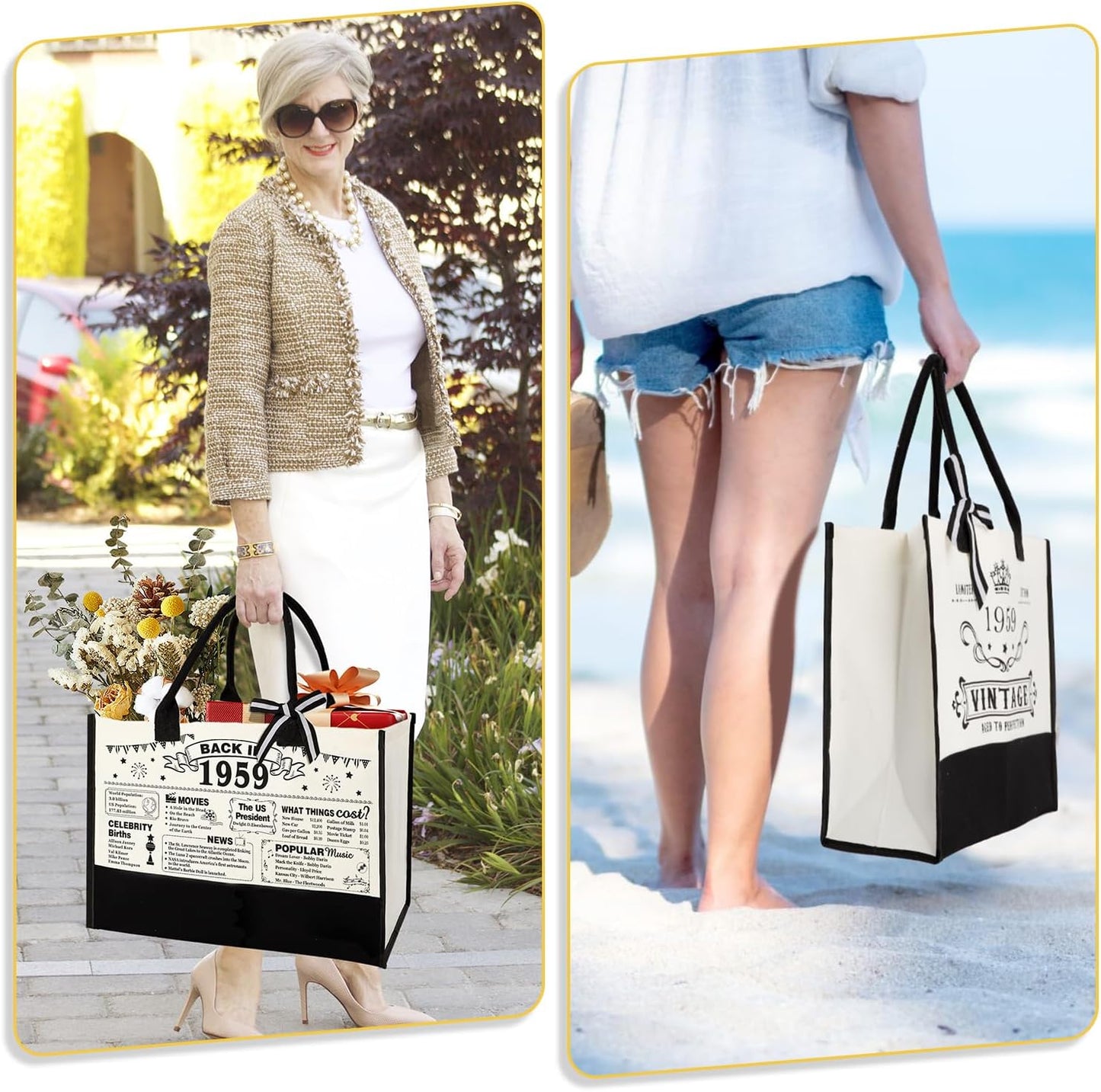 YeohJoy 66th Birthday Gifts for Women Canvas Tote Bag Travel Gear, Unique 66 Years Old Birthday Gifts for Girlfriend Sister Friends Her, Vintage 1959 Handbag & Cosmetic Bag & Back in 1959 Poster