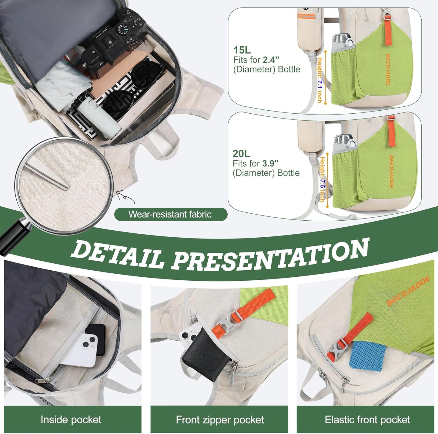 15L Small Hiking Backpack for Men Women Foldable Packable Back Pack Ultralight Hiking Daypack for Travel Camping Outdoor, Beige Green